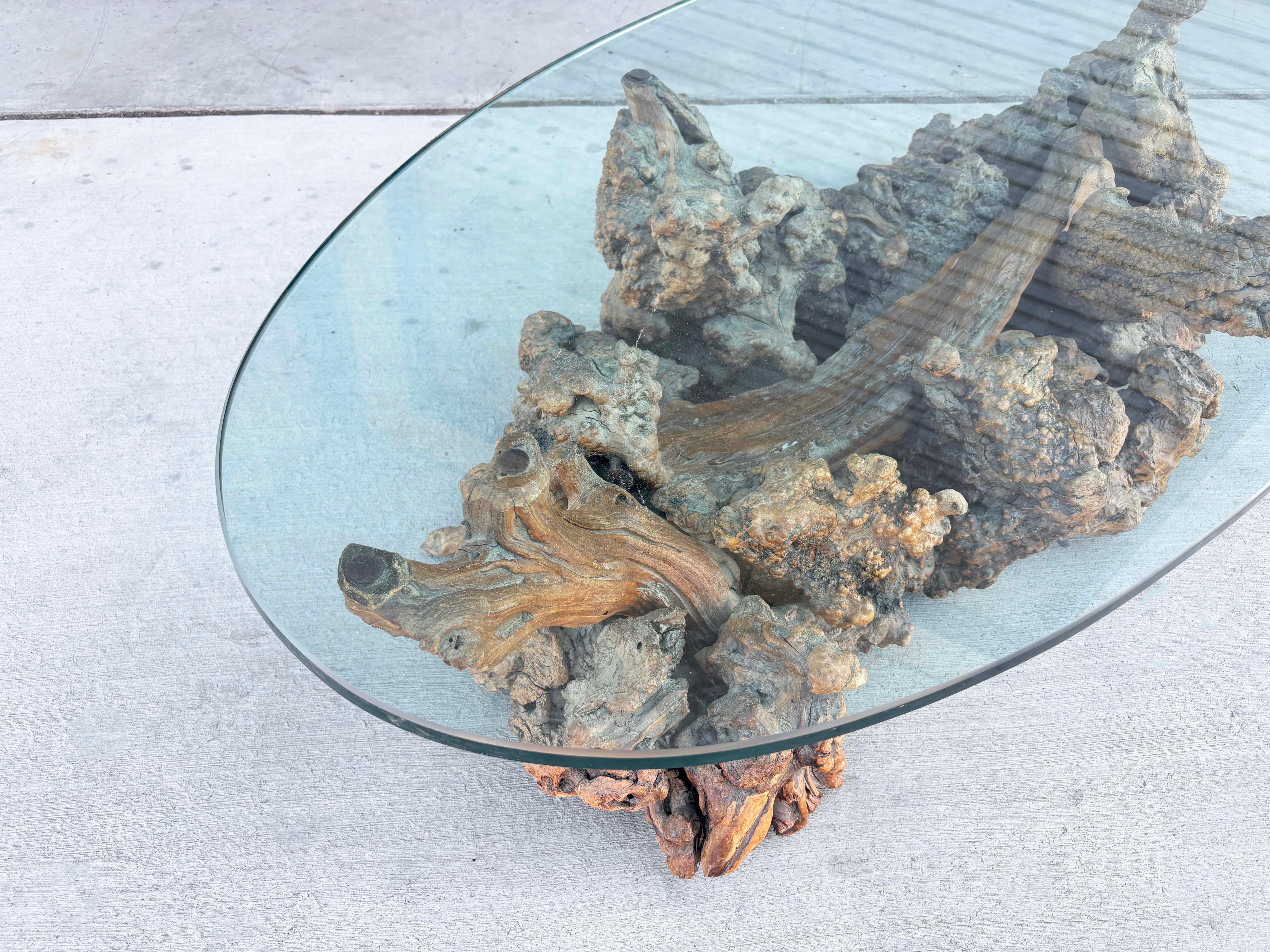 1960s Vintage Glass Burlwood Coffee Table In Good Condition For Sale In North Hollywood, CA