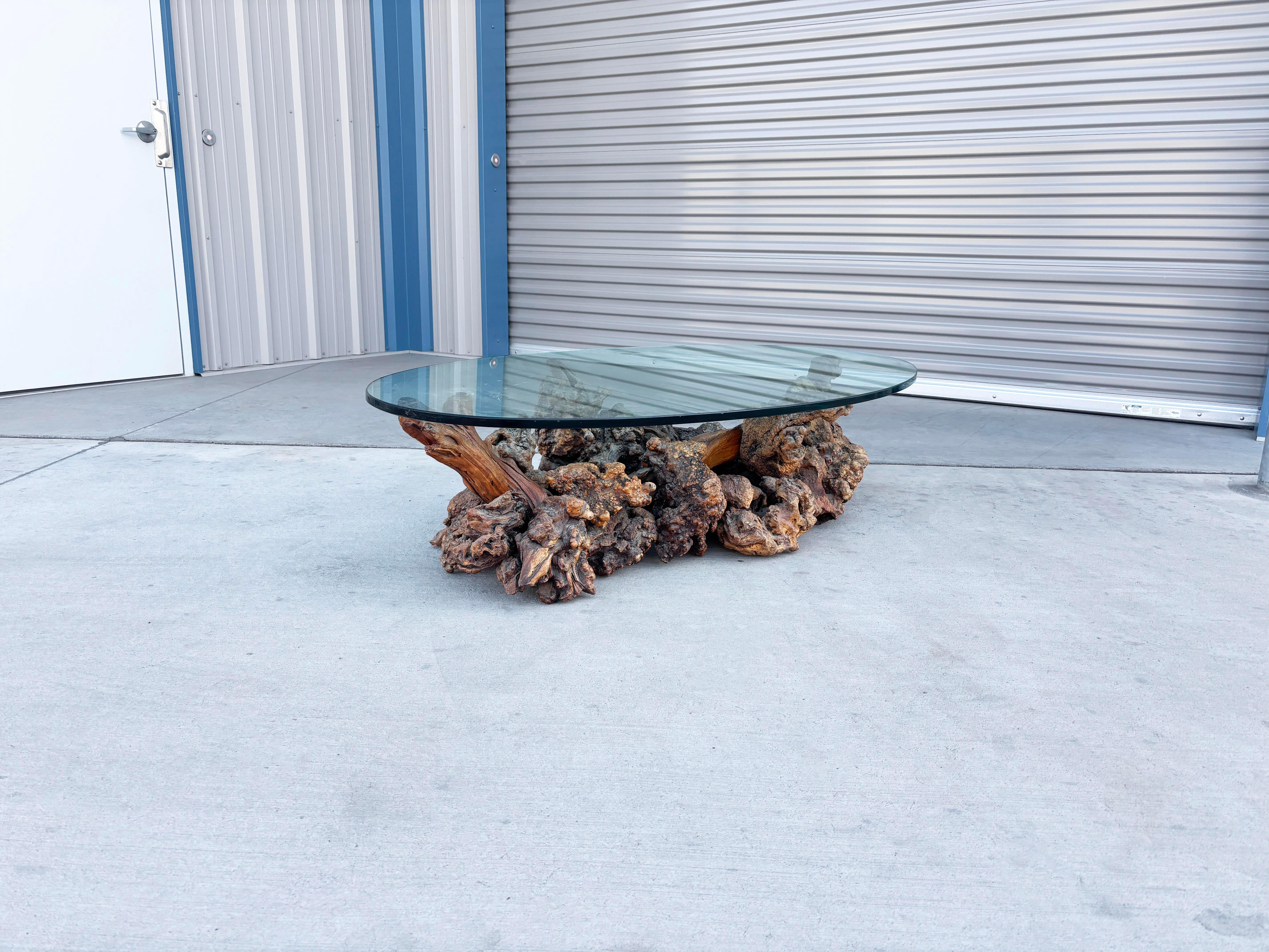 Mid-20th Century 1960s Vintage Glass Burlwood Coffee Table For Sale