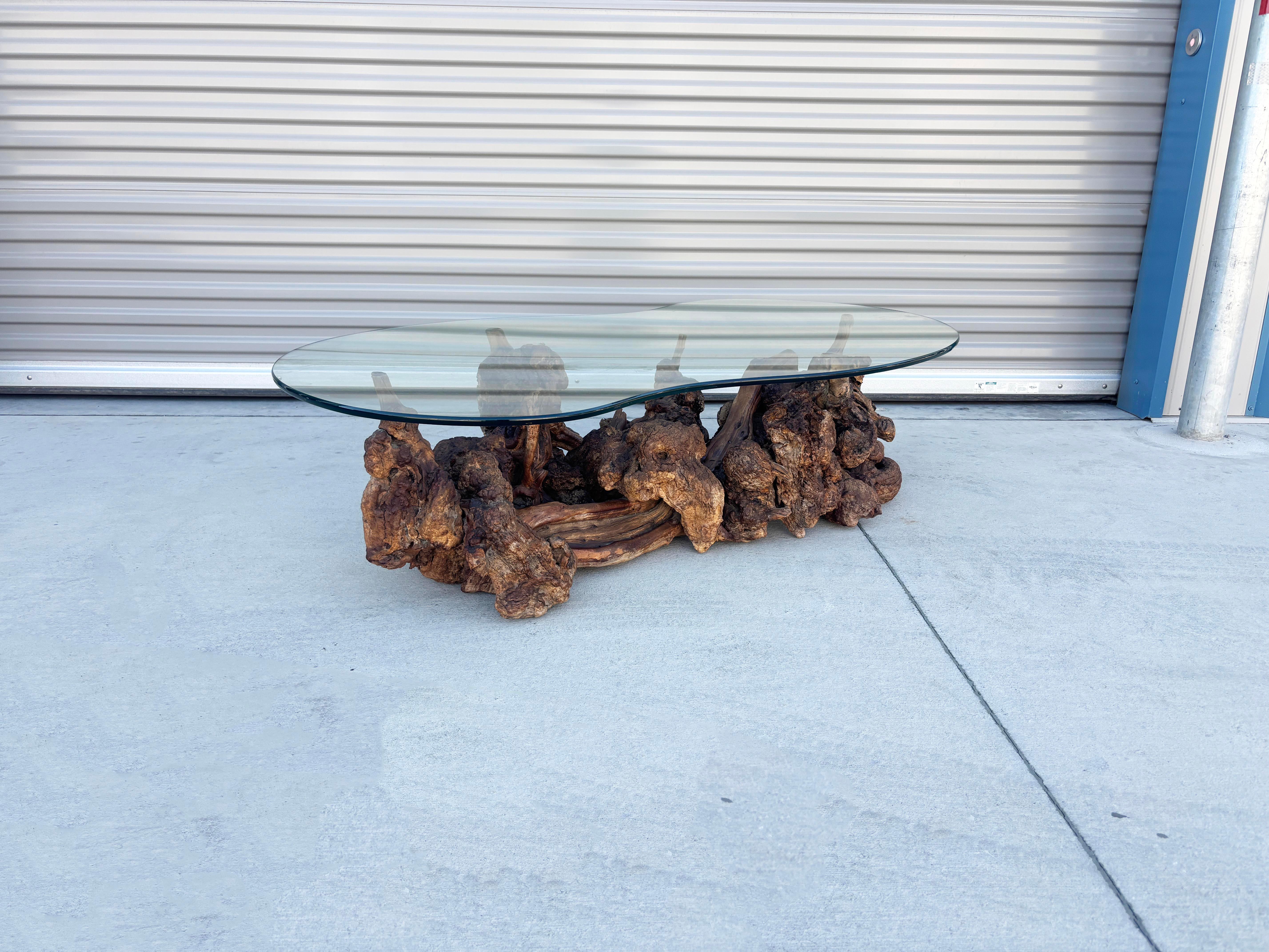 Mid-20th Century 1960s Vintage Glass Burlwood Coffee Table For Sale