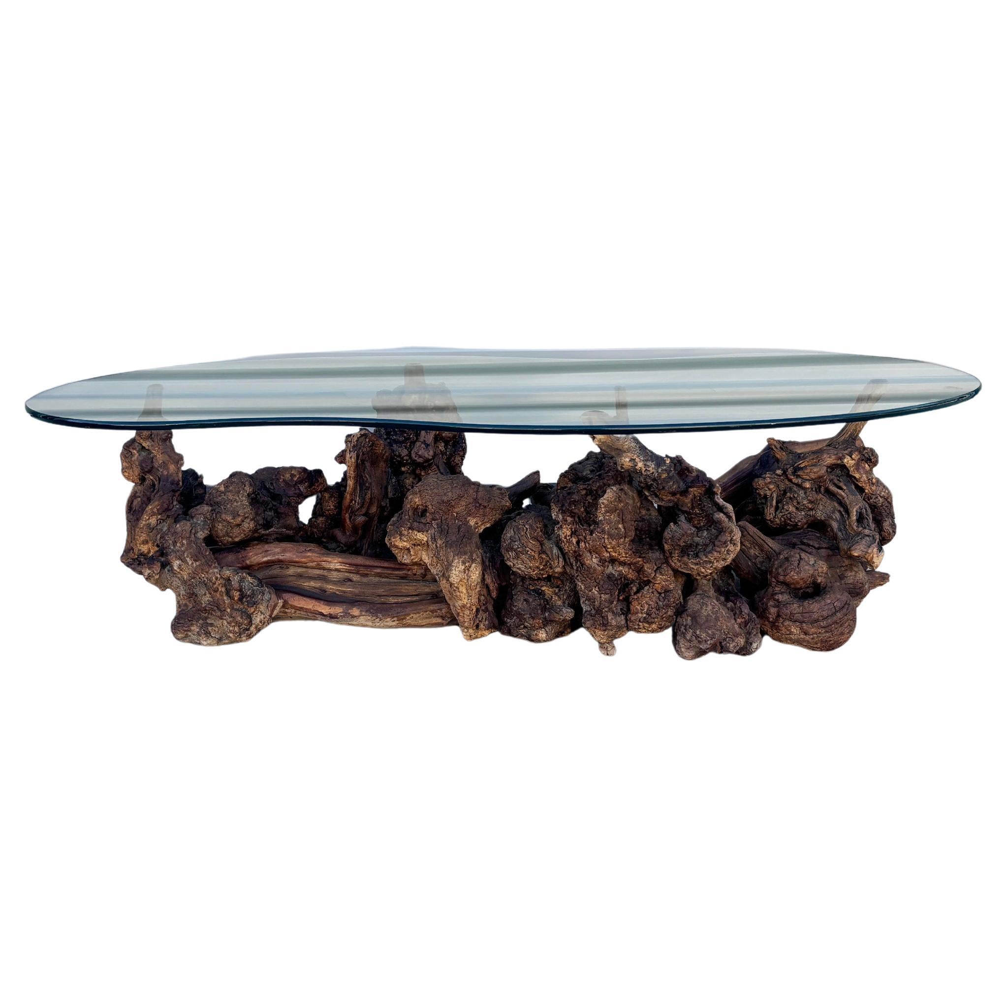 1960s Vintage Glass Burlwood Coffee Table For Sale