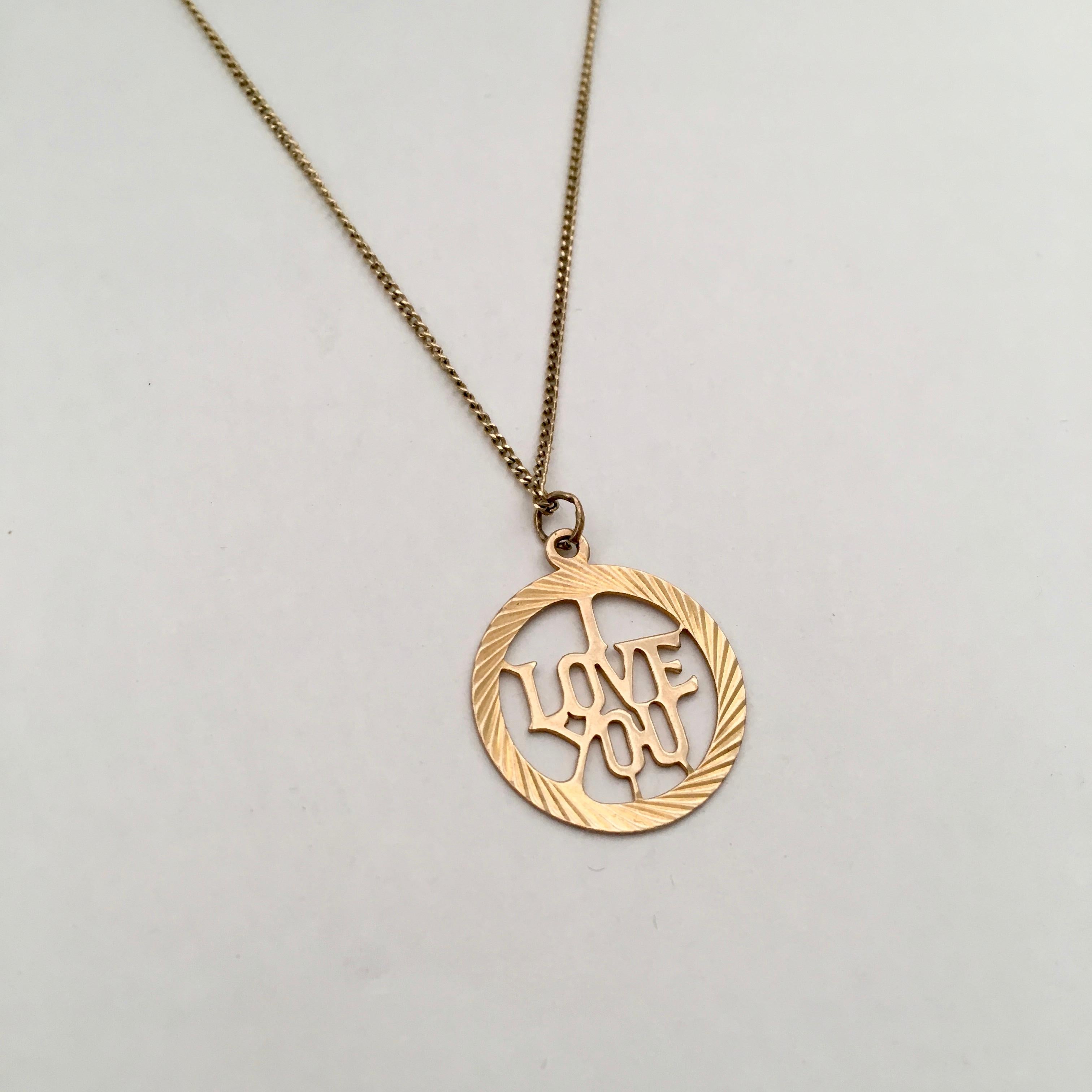Women's or Men's 1960s Vintage Gold Charm Love Token Circle Round Pendant i Love You Lettering For Sale