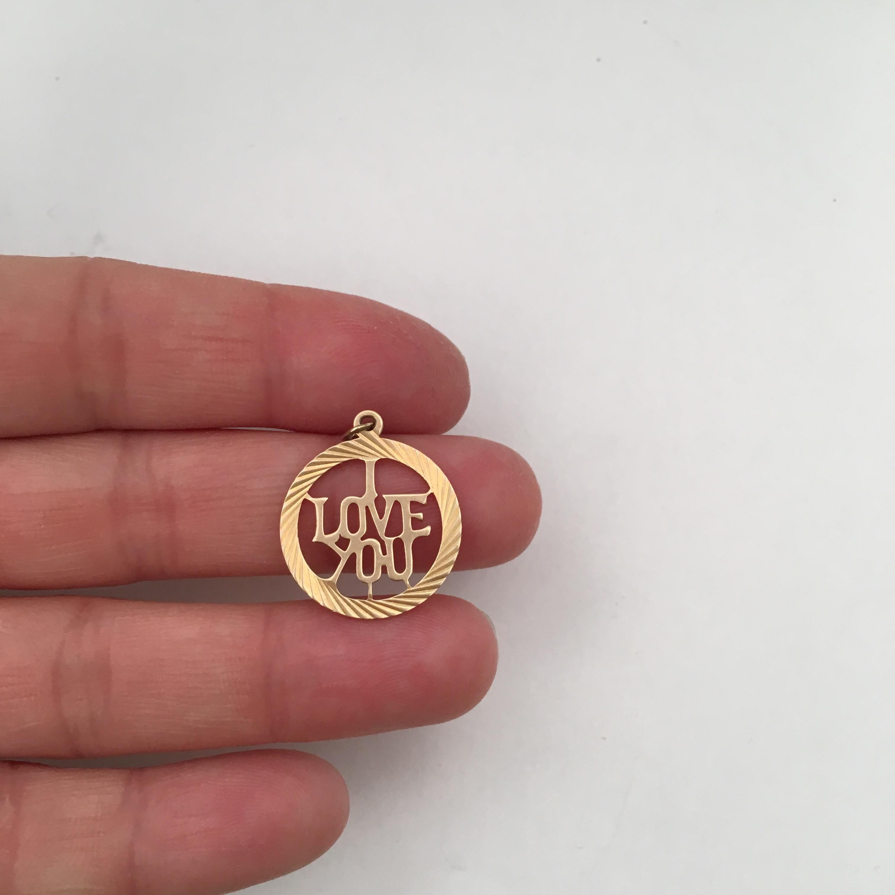 1960s Vintage Gold Charm Love Token Circle Round Pendant i Love You Lettering For Sale 1