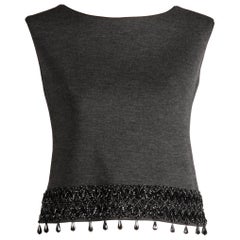1960s Vintage Gray Wool Sleeveless Shell or Tank Top with Black Sequins + Beads