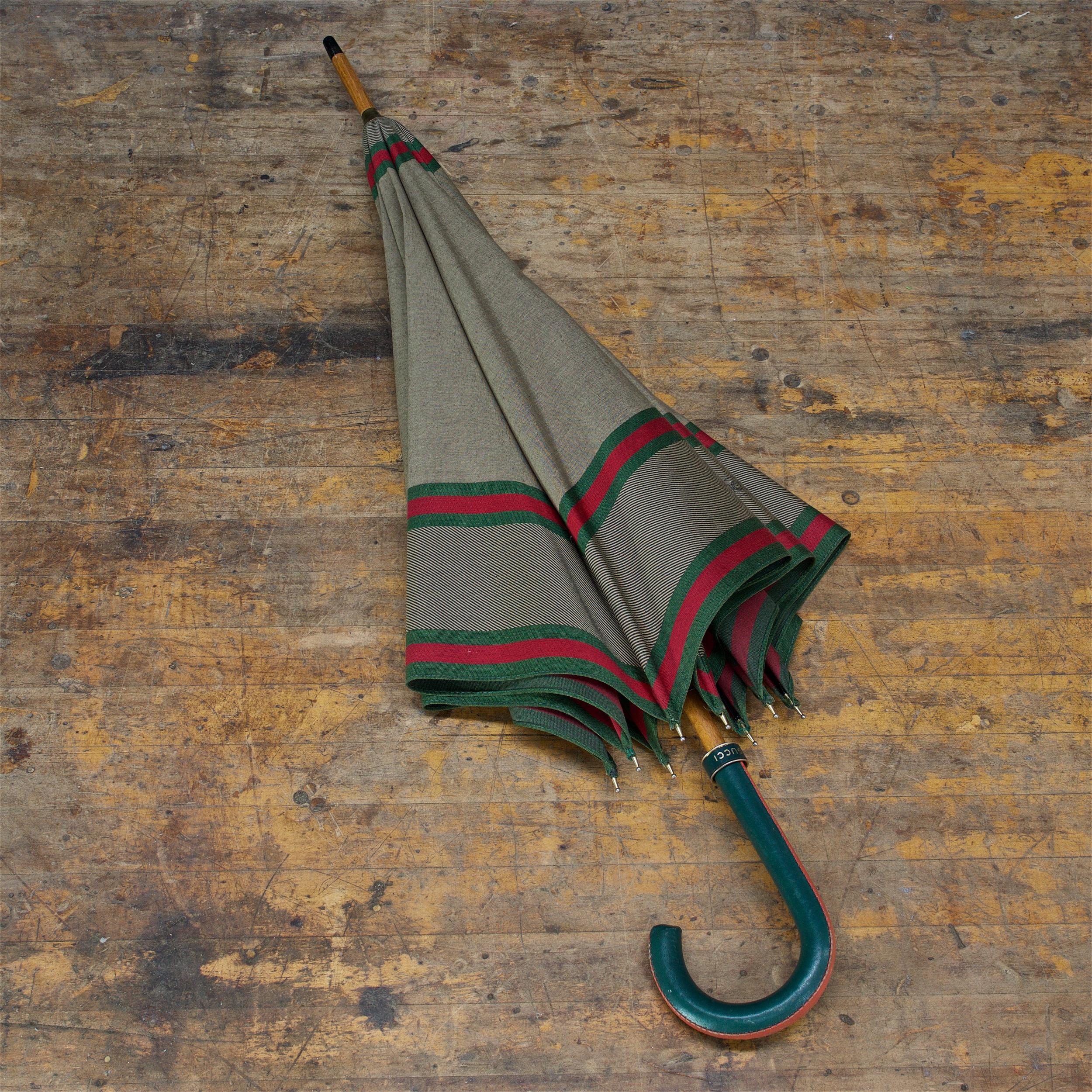 1960s Vintage Gucci Cotton Doorman Umbrella with Classic Red Green Webbing 3