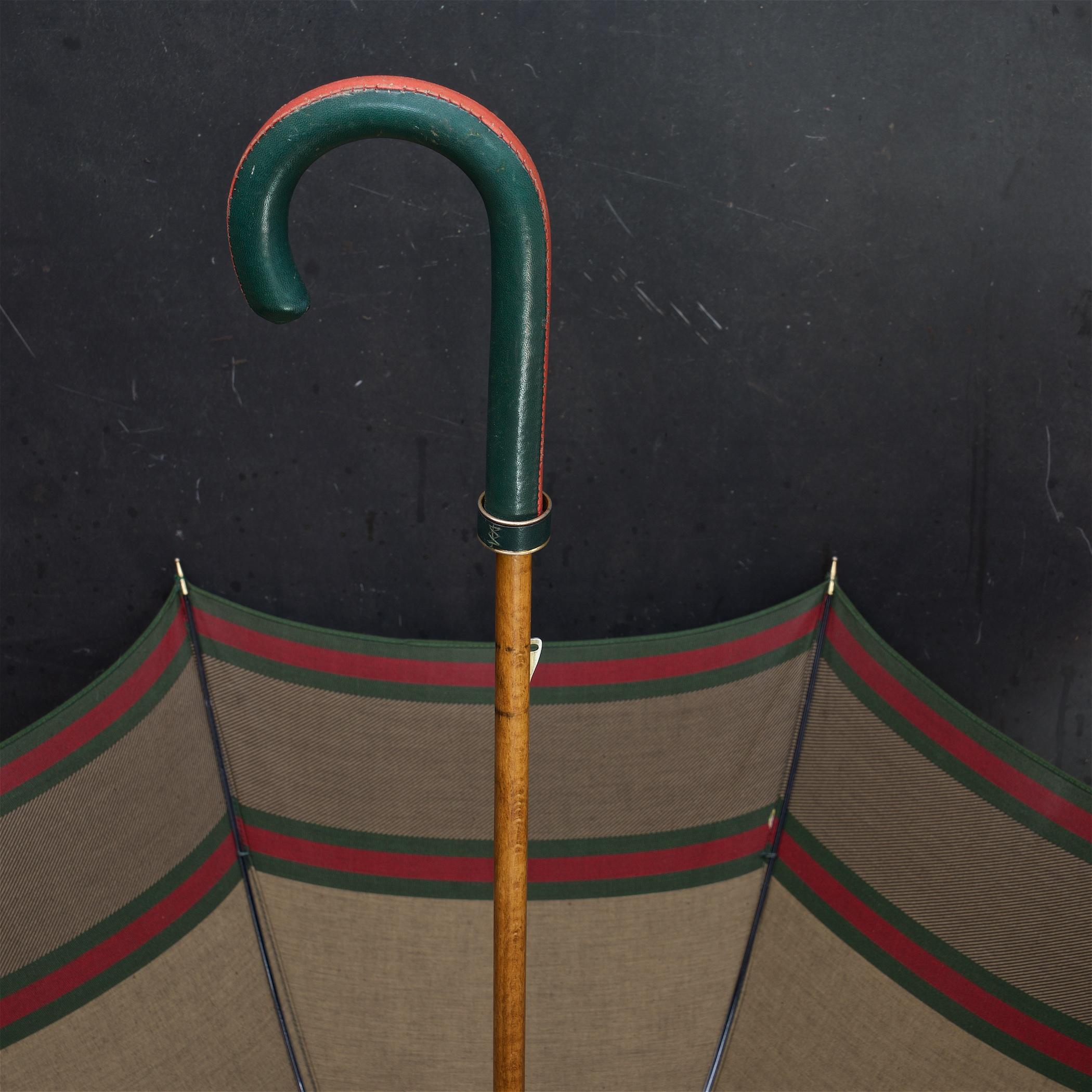 Italian 1960s Vintage Gucci Cotton Doorman Umbrella with Classic Red Green Webbing