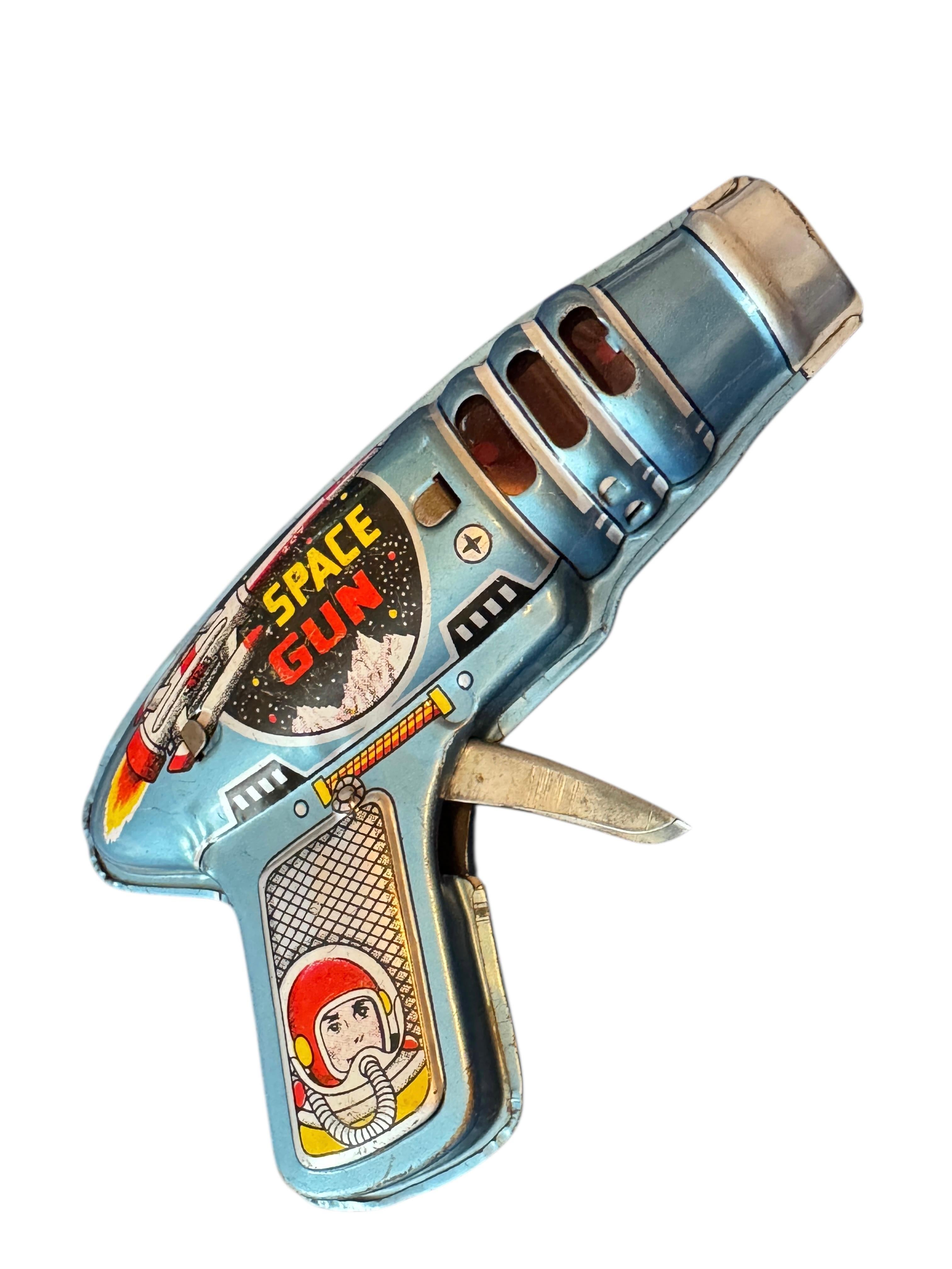 20th Century 1960s Vintage Haji Japanese Tin Toy Friction Litho Astronaut Rocket Space Gun