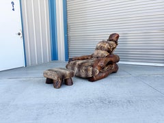 1960s Vintage Handcrafted Burl Redwood Chair and Ottoman