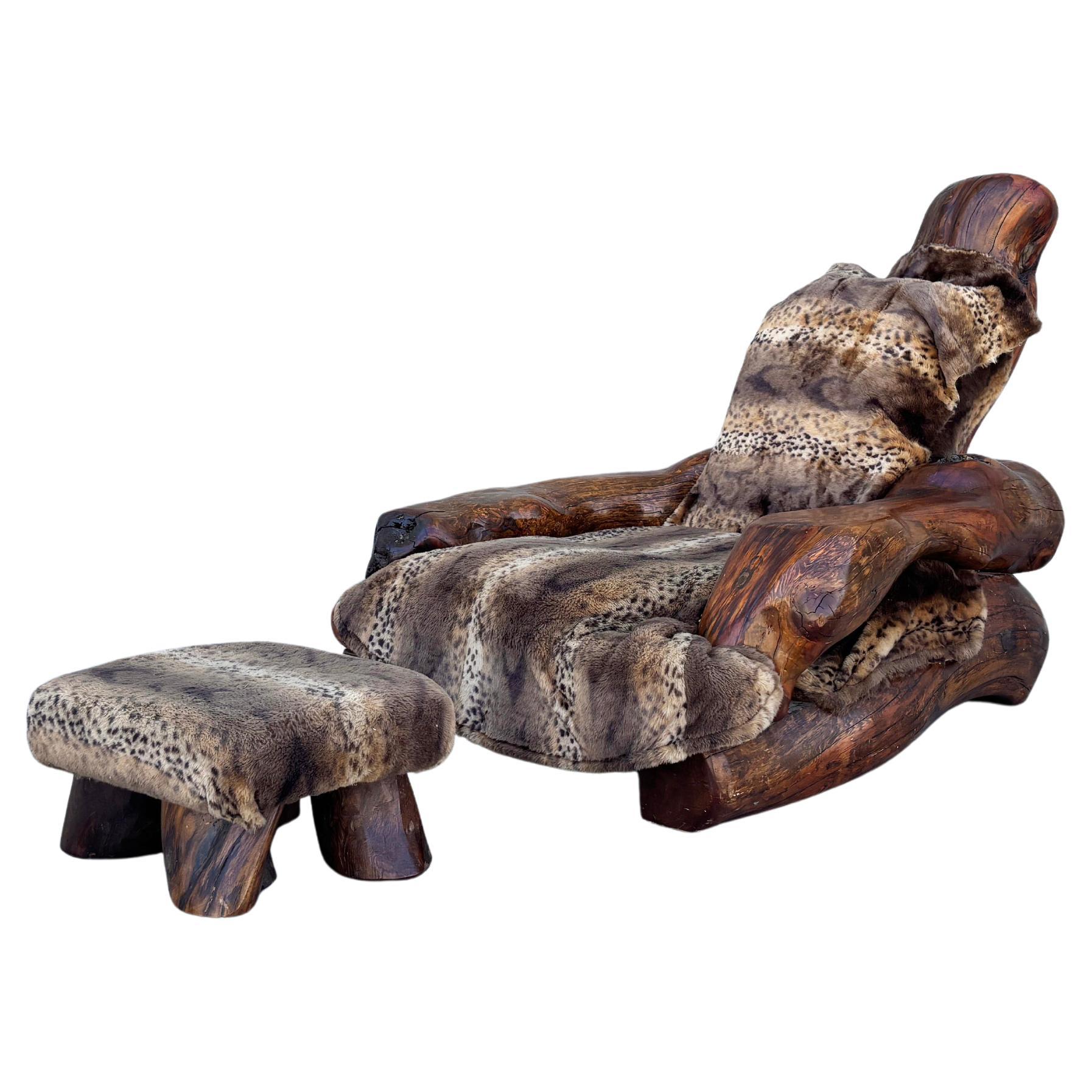 1960s Vintage Handcrafted Burl Redwood Chair and Ottoman