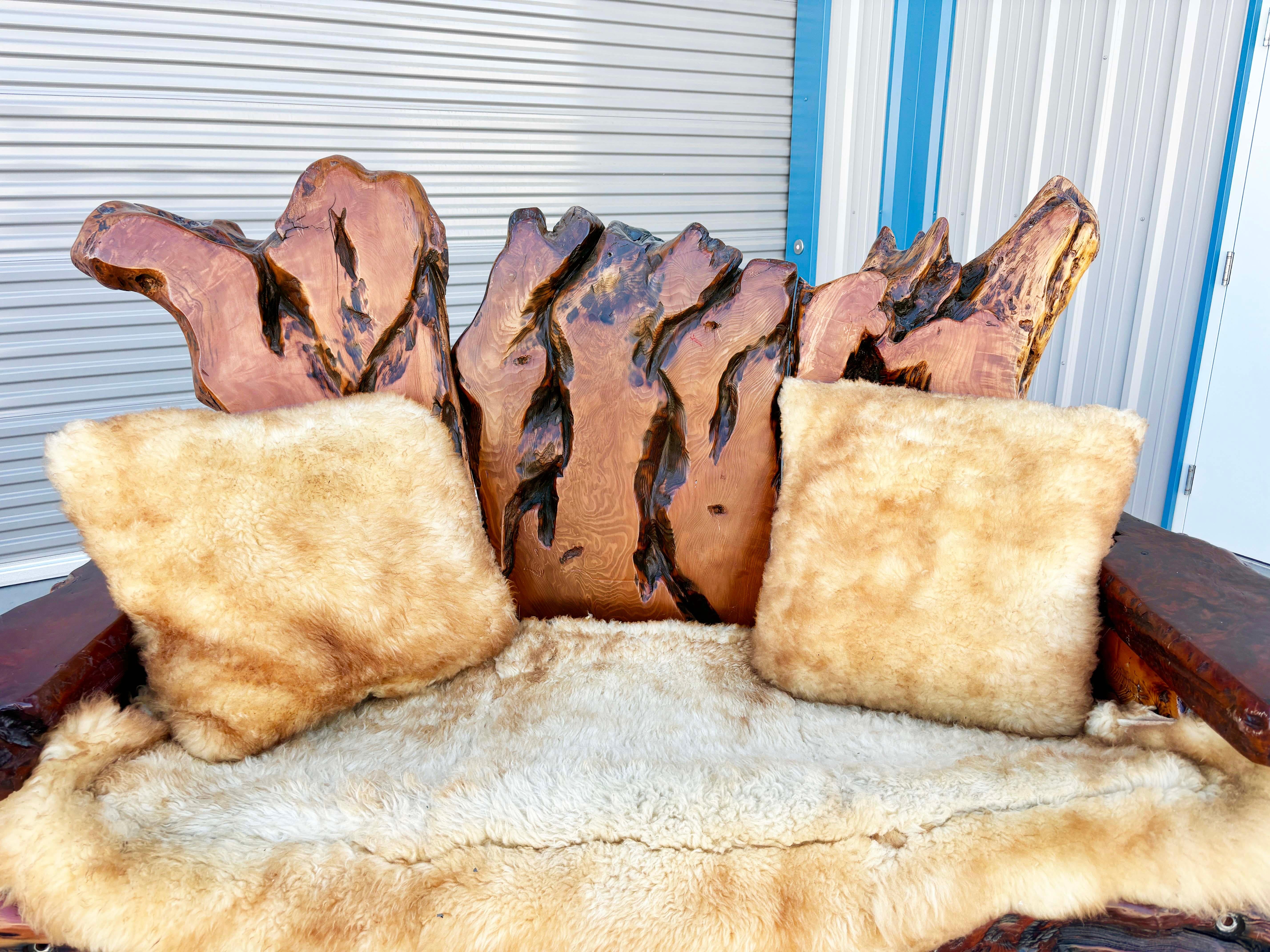 Mid-Century Modern 1960s Vintage Handcrafted Burl Redwood Sofa For Sale