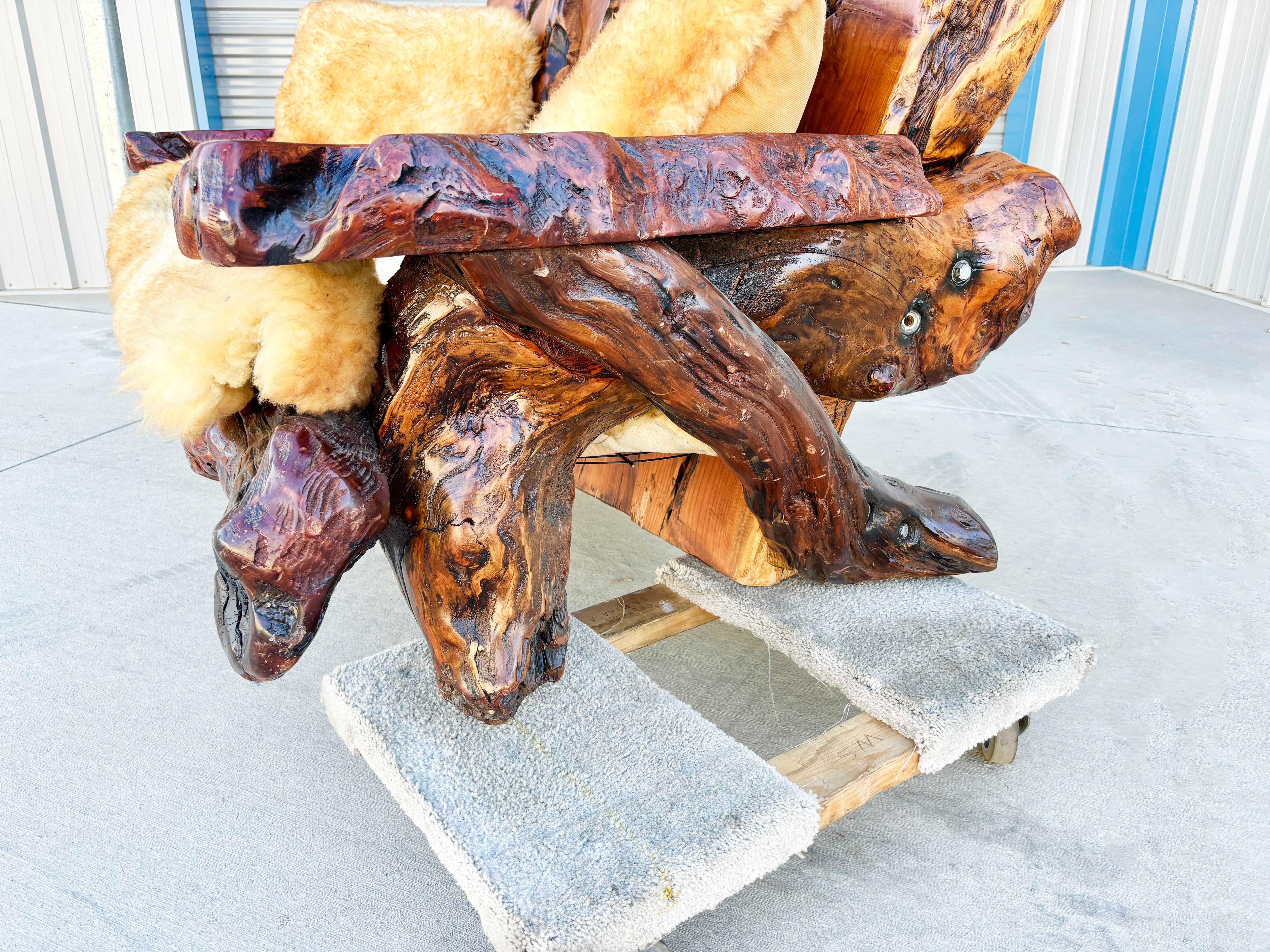 Fabric 1960s Vintage Handcrafted Burl Redwood Sofa For Sale