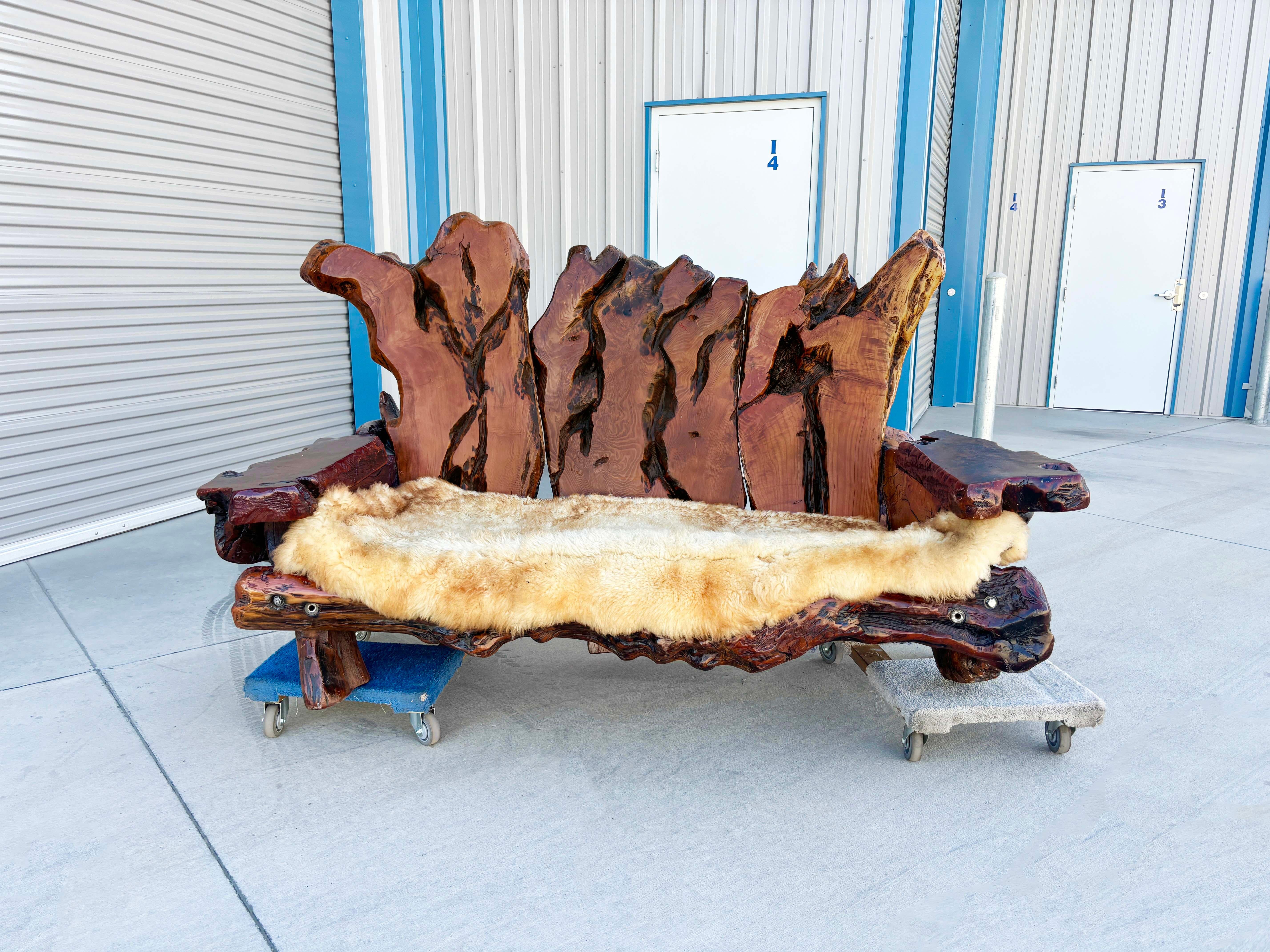 1960s Vintage Handcrafted Burl Redwood Sofa For Sale 1