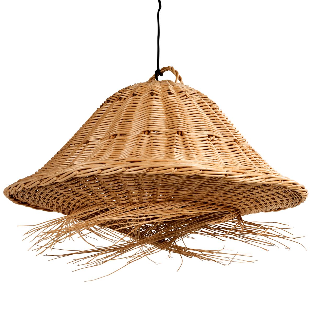 A unique find from the south of France, this fabulous wicker pendant is crafted in an unusual bell shape with a spray of unwoven twisting straw at its base. At once modern and rustic, this pendant is perfect for a beach house and a wonderful way to