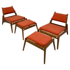 1960s Vintage Hunting Chair Lounge Seating Set + Ottomans by Heinz Heger