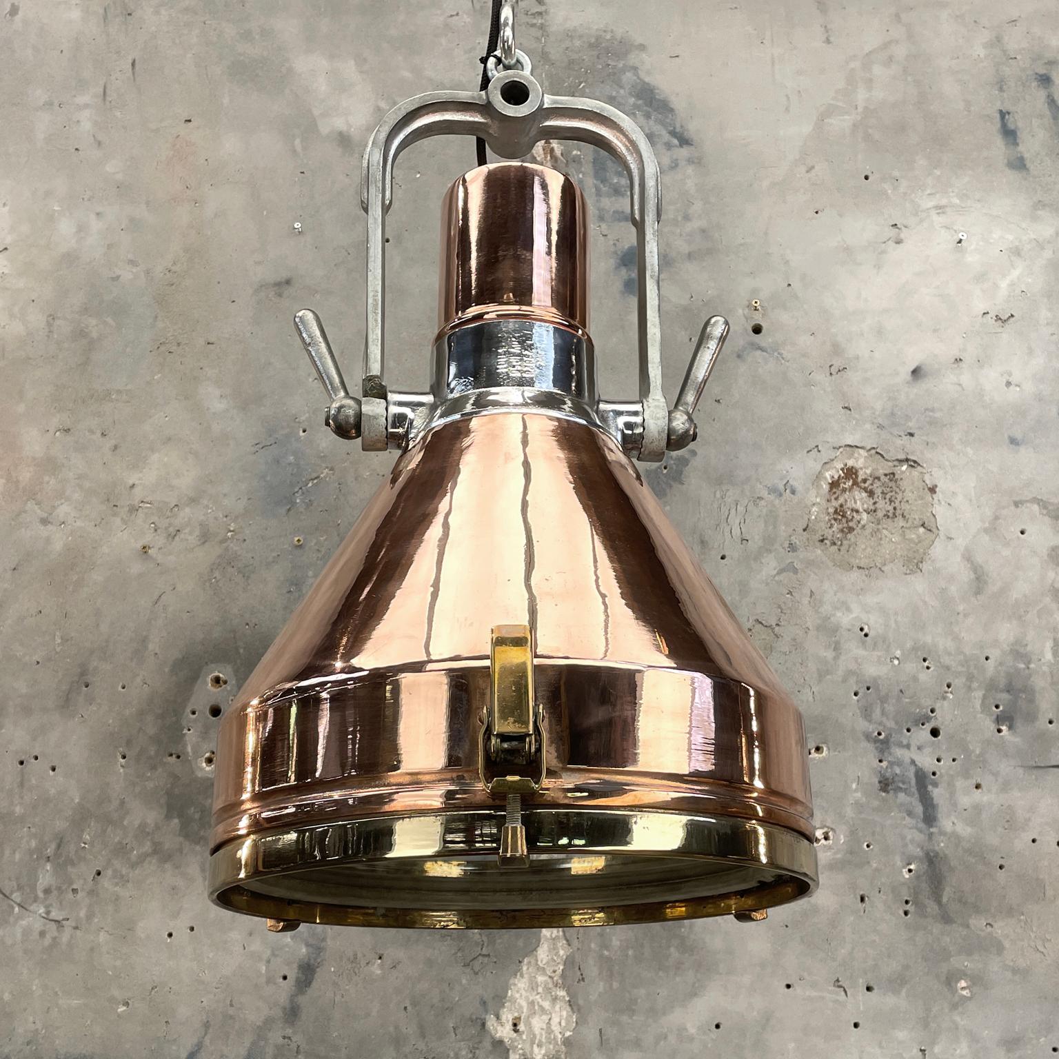 1960s Vintage Industrial Copper and Brass Bridge Lamp LED Ceiling Pendant by VEB In Good Condition In Leicester, Leicestershire