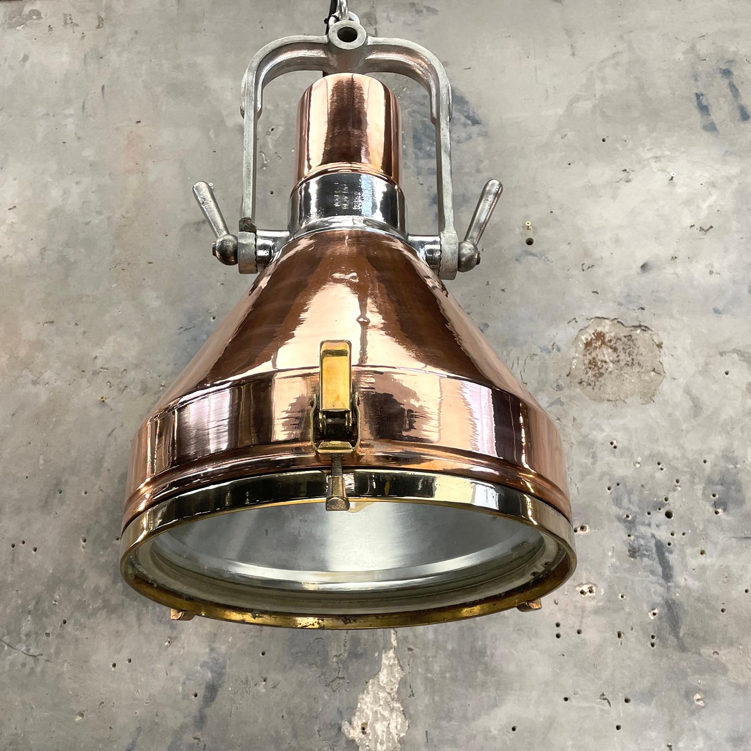 1960s Vintage Industrial Copper and Brass Bridge Lamp LED Ceiling Pendant by VEB 1