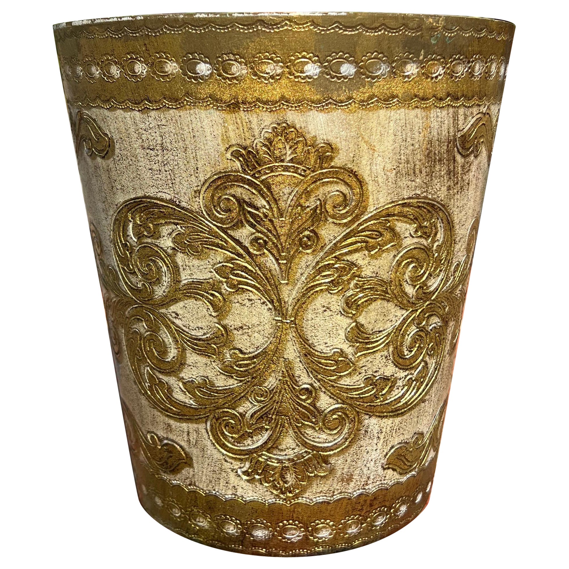 1960s Vintage Italian Florentine Gold and Cream Wastebasket