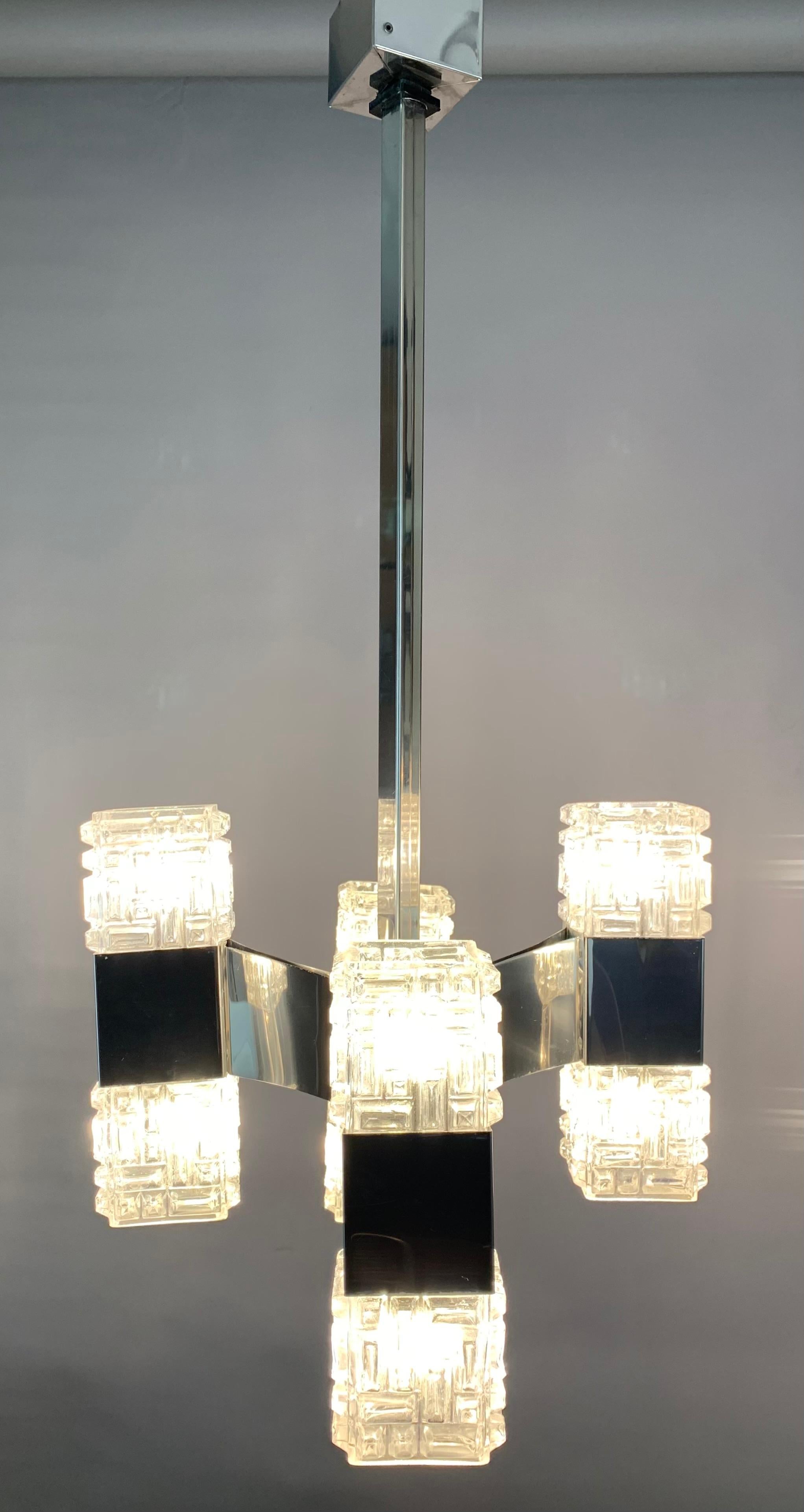 Mid-Century Modern 1960s Vintage Italian Gaetano Sciolari Polished Chrome and Glass Pendant Light