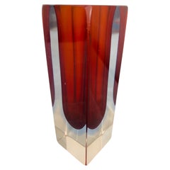 1960s Vintage Italian Murano Sommerso Red Violet & Clear Glass Rectangular Vase