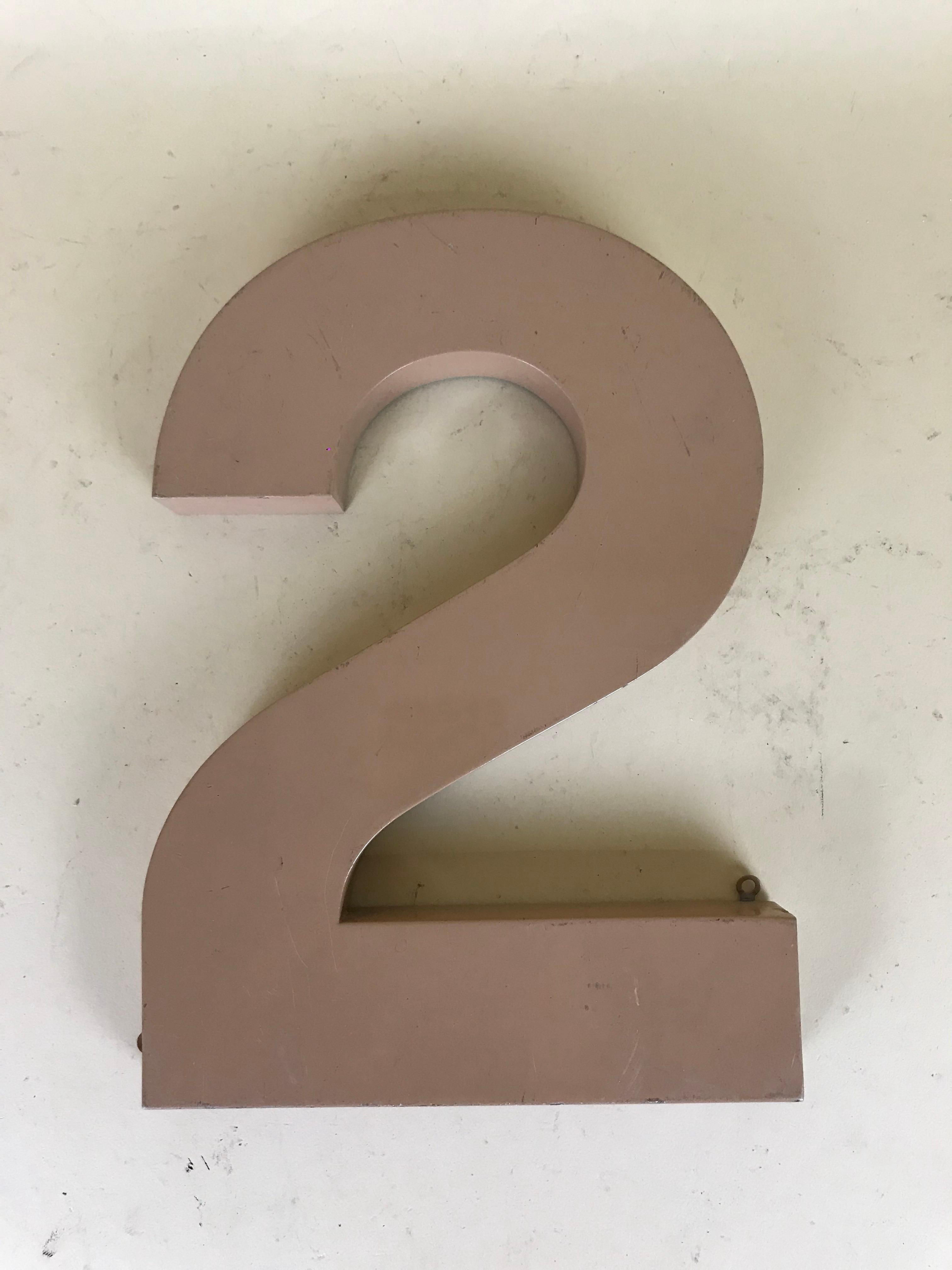 Very collectible vintage Italian Number 2 in zinc, painted in light brown and made in the 1960s originally for a sign.
 