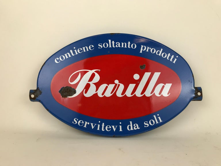 Mid-Century Modern 1960s Vintage Italian Oval Barilla Metal Enamel Advertising Sign For Sale