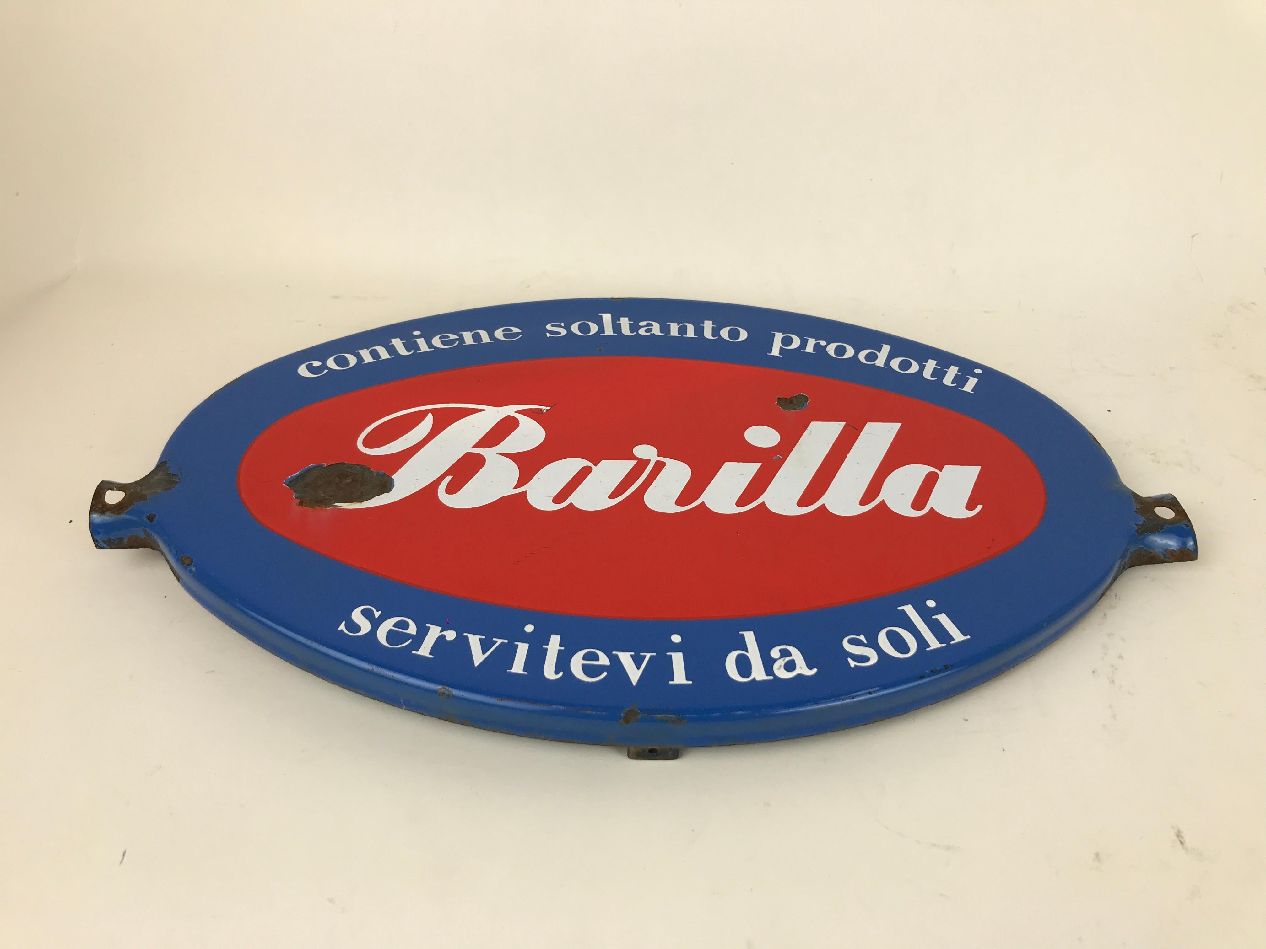 Mid-Century Modern 1960s Vintage Italian Oval Barilla Metal Enamel Advertising Sign For Sale