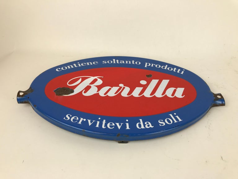 Mid-20th Century 1960s Vintage Italian Oval Barilla Metal Enamel Advertising Sign For Sale