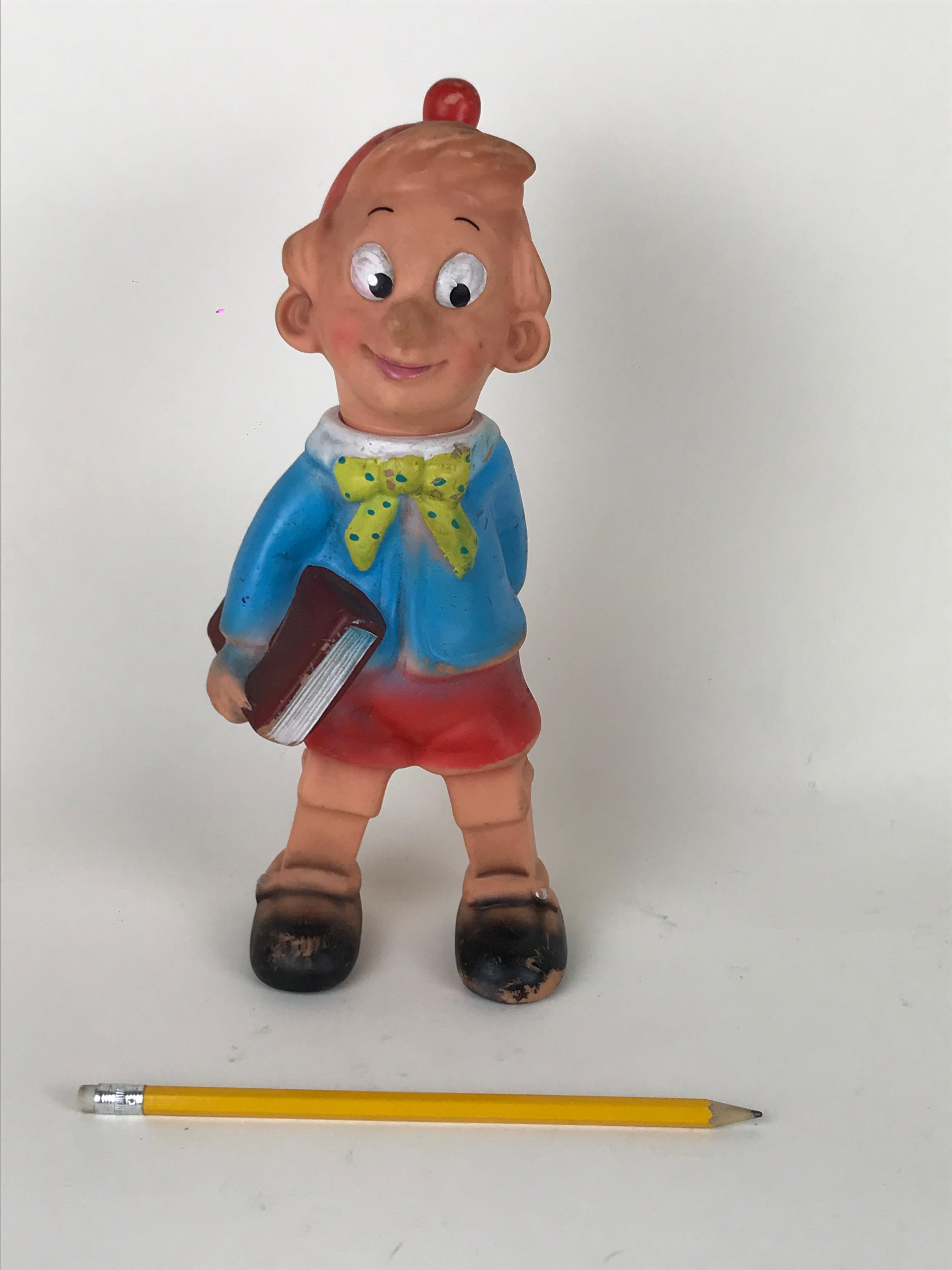 Vintage Pinocchio rubber squeak toy made by Italian toy maker Rubbertoys in the 1960s.

The neck of Pinocchio can turn left and right.
The red hat of Pinocchio is marked Rubbertoys Made in Italy with the company swan symbol and MOD.DEP