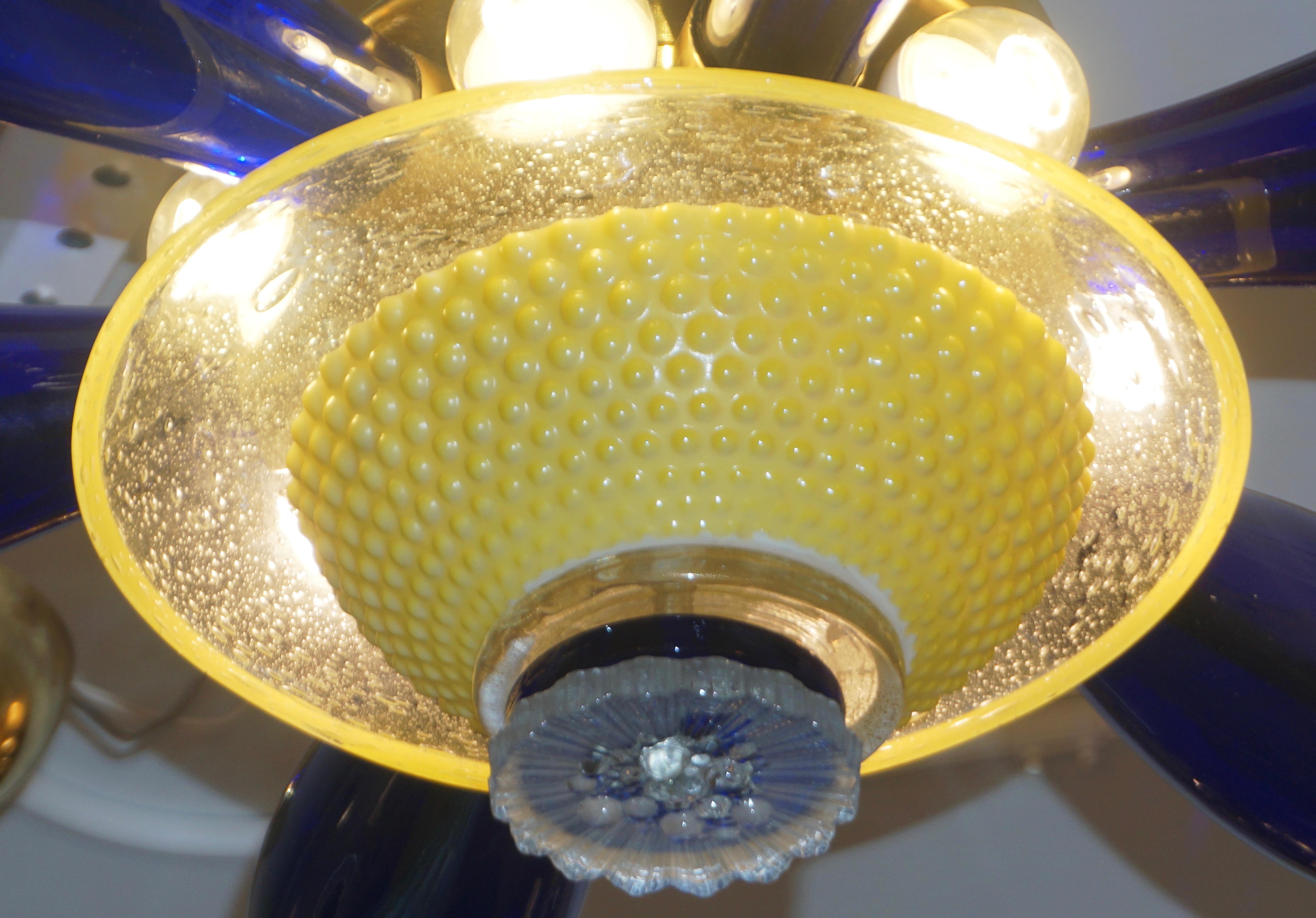 Hand-Crafted 1960s Vintage Italian Star Pendant / Flush Mount in Yellow and Blue Murano Glass