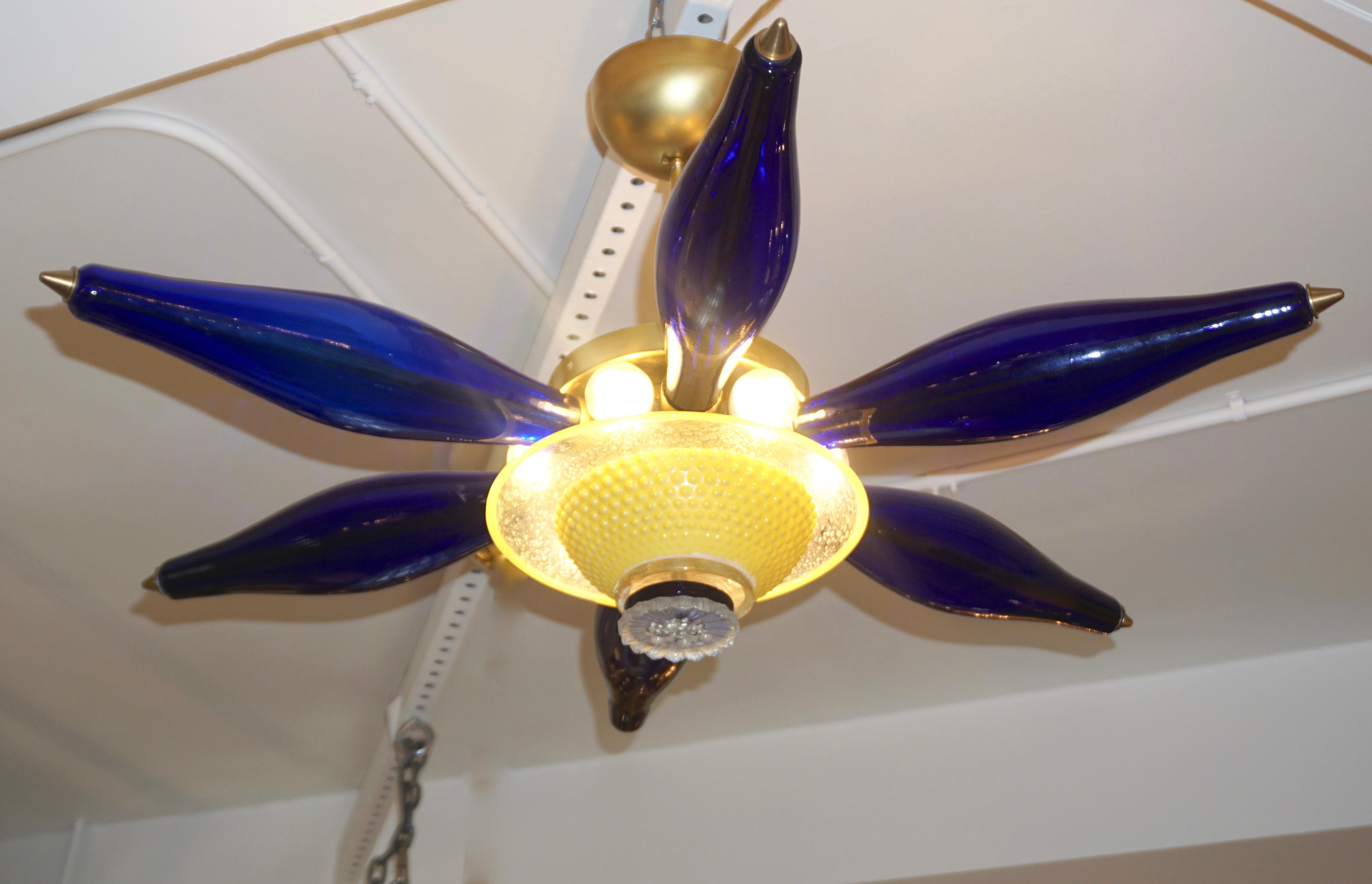 Mid-20th Century 1960s Vintage Italian Star Pendant / Flush Mount in Yellow and Blue Murano Glass