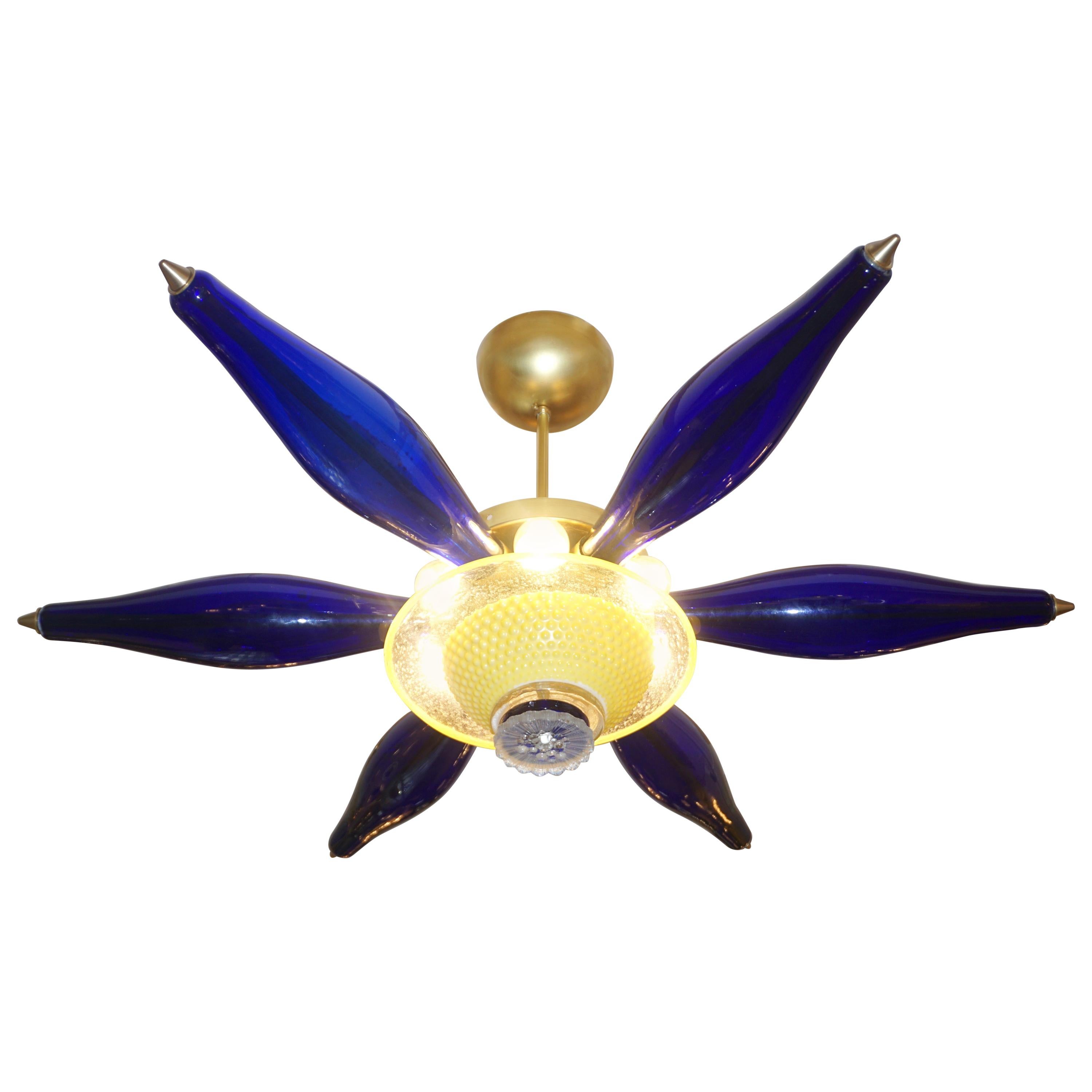 1960s Vintage Italian Star Pendant / Flush Mount in Yellow and Blue Murano Glass