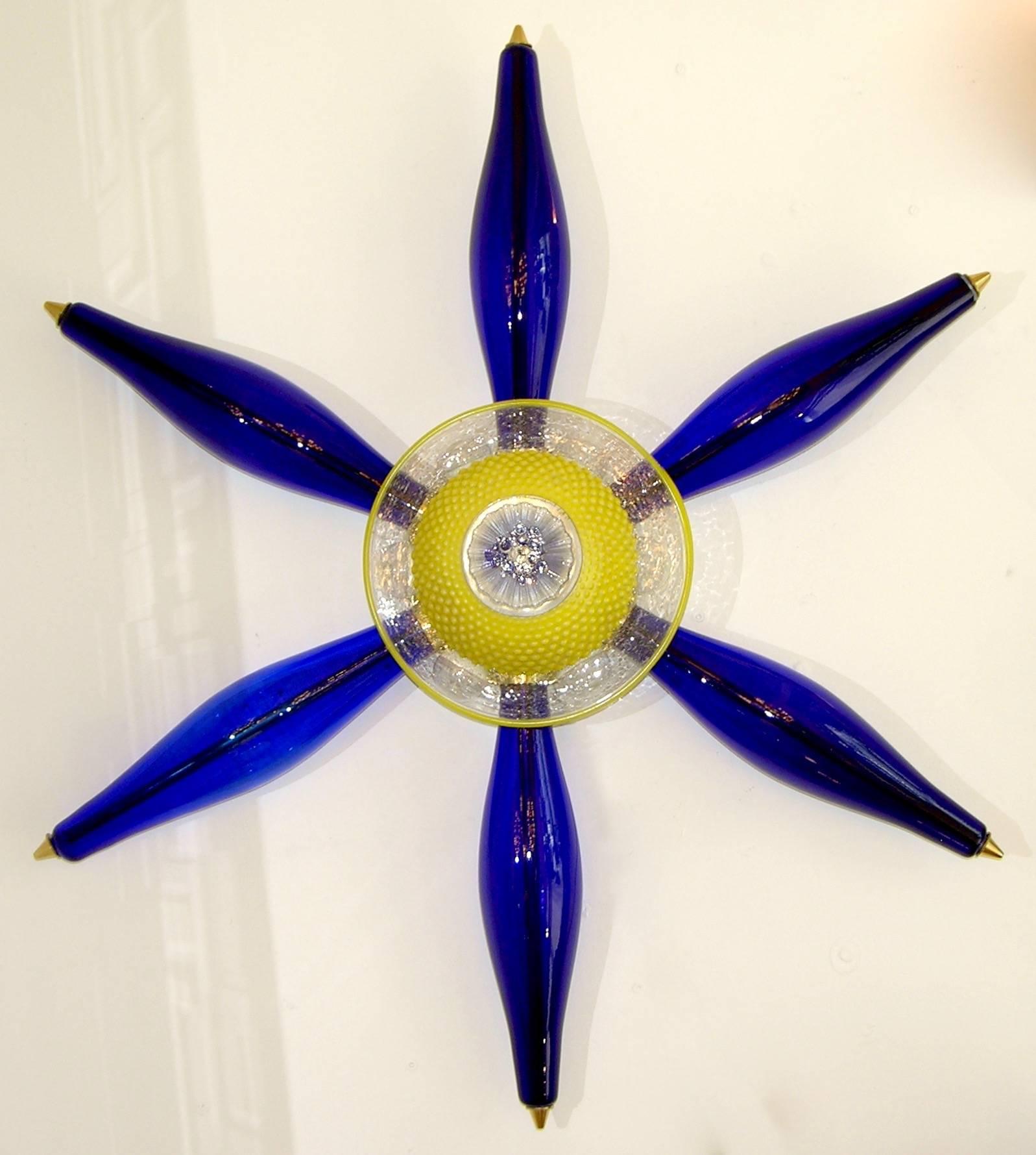 Blown Glass 1960s Vintage Italian Unique Star Sconce in Yellow and Blue Murano Glass