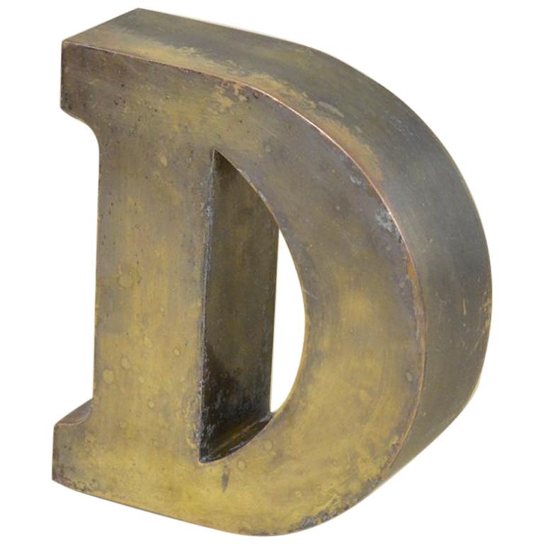 1960s Vintage Italian Uppercase Letter D in Brass