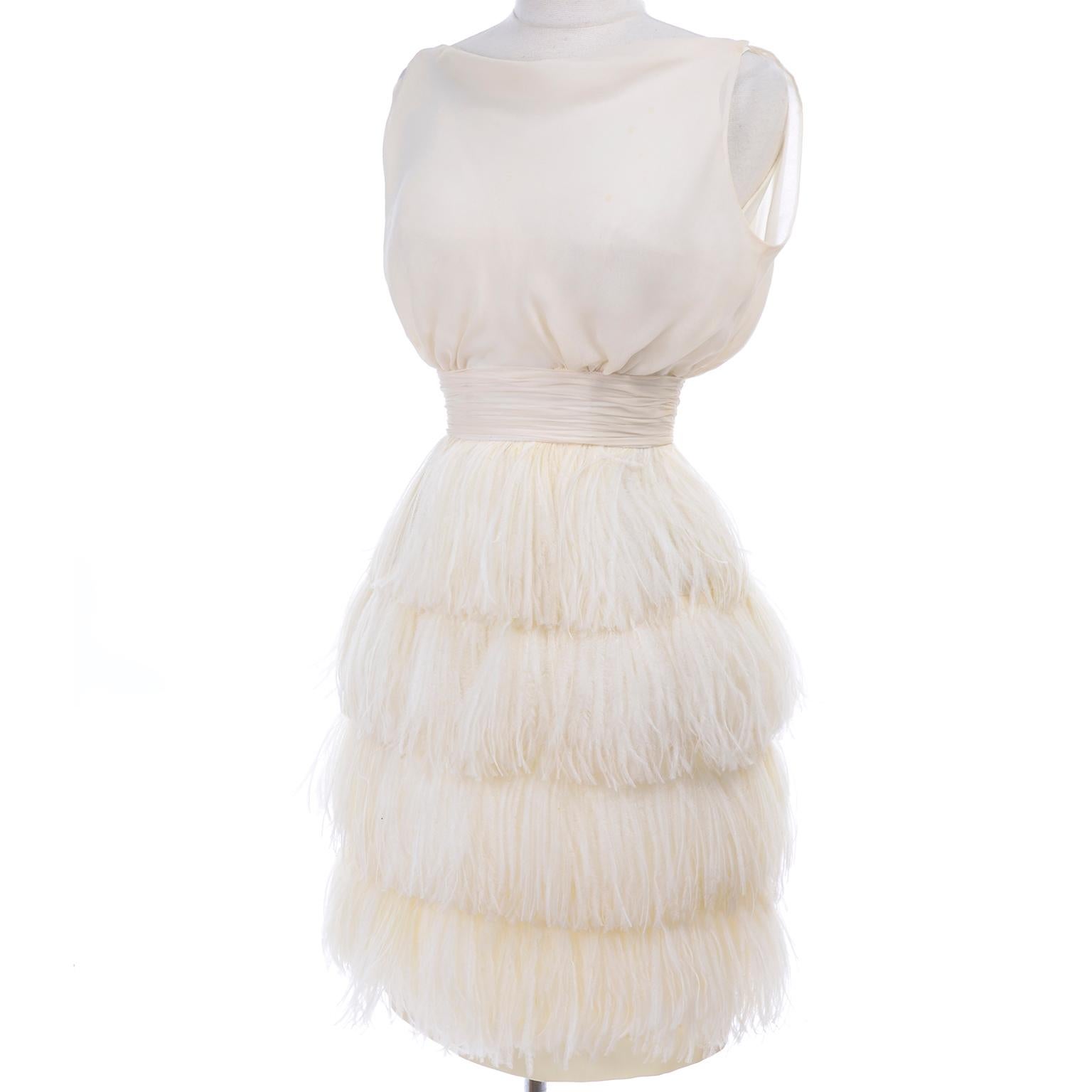 Beige 1960s Vintage Ivory Silk Evening Dress With Tiered Rows of Ostrich Feathers