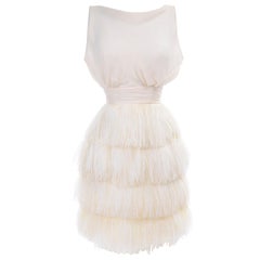 1960s Retro Ivory Silk Evening Dress With Tiered Rows of Ostrich Feathers