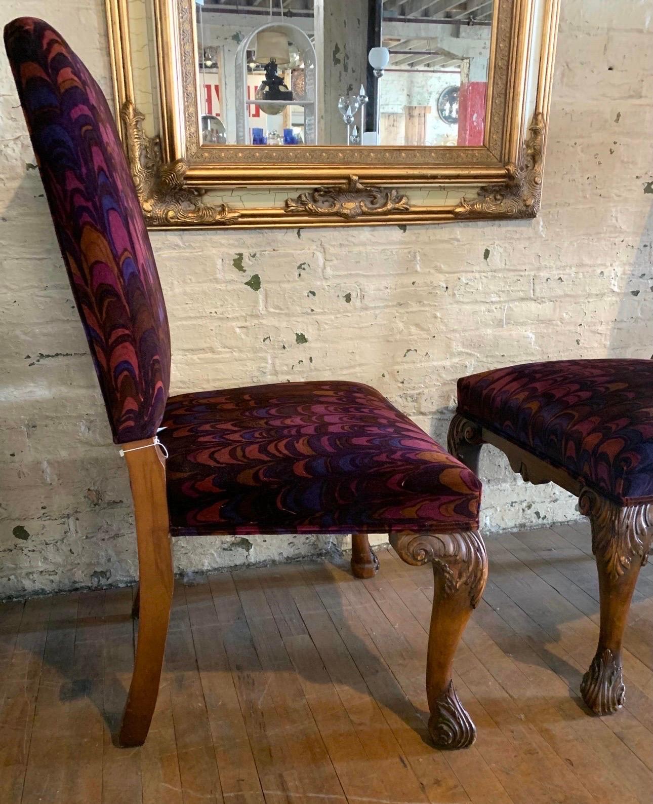 Vintage antique side chairs upholstered in Jack Lenor Larson fabric. Fabric a color combination of: royal blue, purple, burgundy, rust and orange. Fabric is still soft and bright. Some wear on legs and back of chairs but no holes, large scratches or