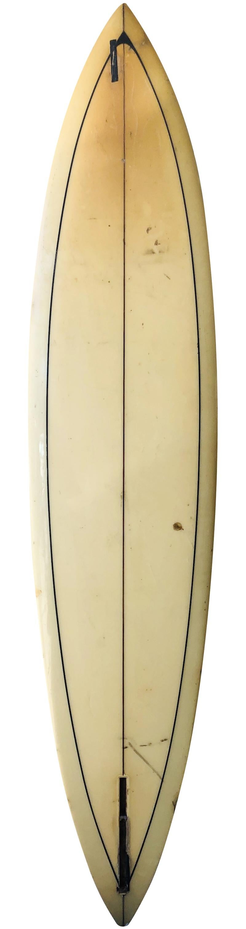 Late 1960s Jacobs surfboard, serial #4438. Features a pintail shape design with rare Jacobs logo variant. This is a transitional era surfboard shape, made when surfboard design was transitioning to boards being shaped shorter in length with sharper