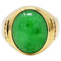 1960's Vintage Jade Diamond 18 Karat Gold Men's Gemstone Ring