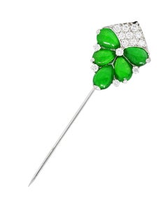 1960's Vintage Jade Diamond Platinum Cluster Stickpin