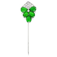 1960's Vintage Jade Diamond Platinum Cluster Stickpin