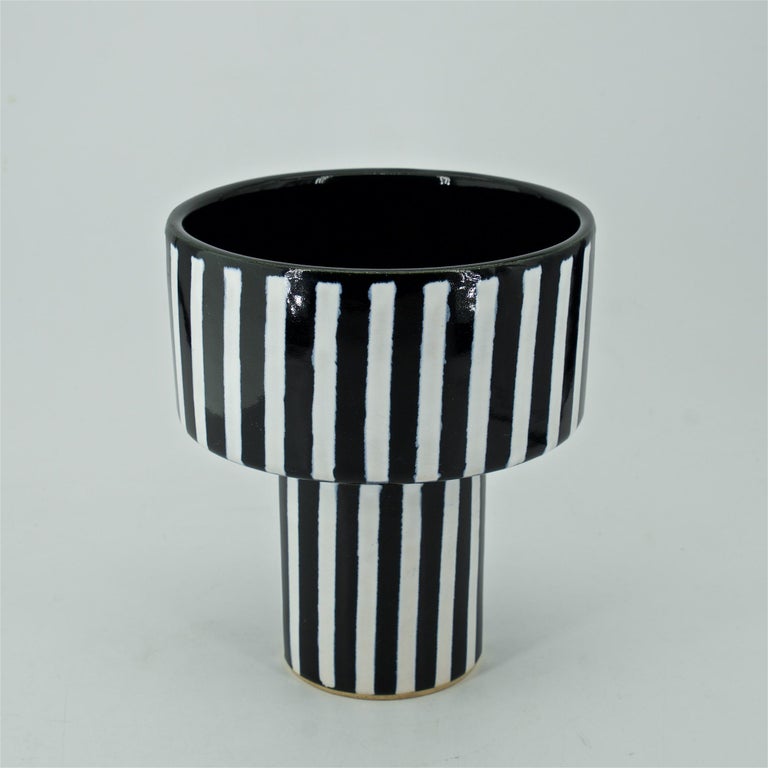 1960s Vintage Japanese Modernist Striped Ceramic Ikebana Pedestal Vase