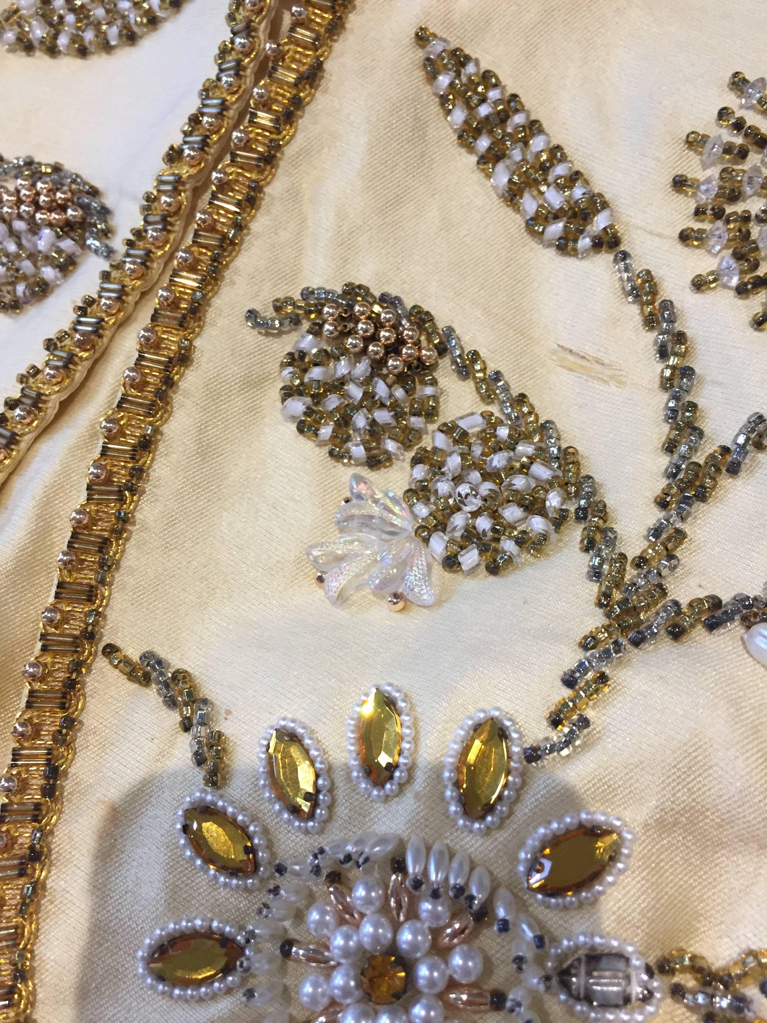 1960's Vintage Jewel Encrusted Pale Gold Heavy Thai Silk Dress For Sale 1
