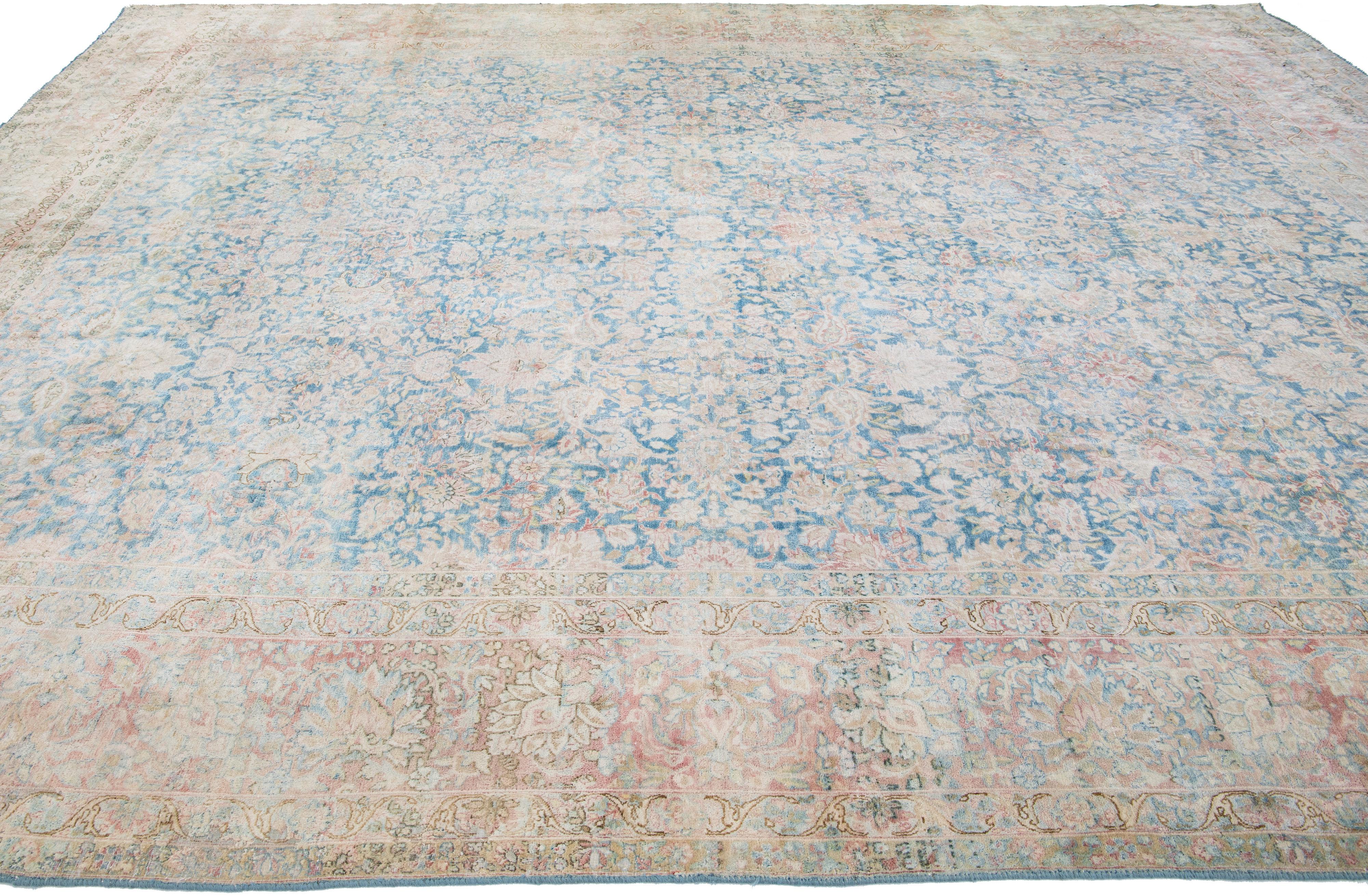 Hand-Knotted 1960s Vintage Kerman Shabby Chic Navy Blue Handmade Floral Wool Rug For Sale