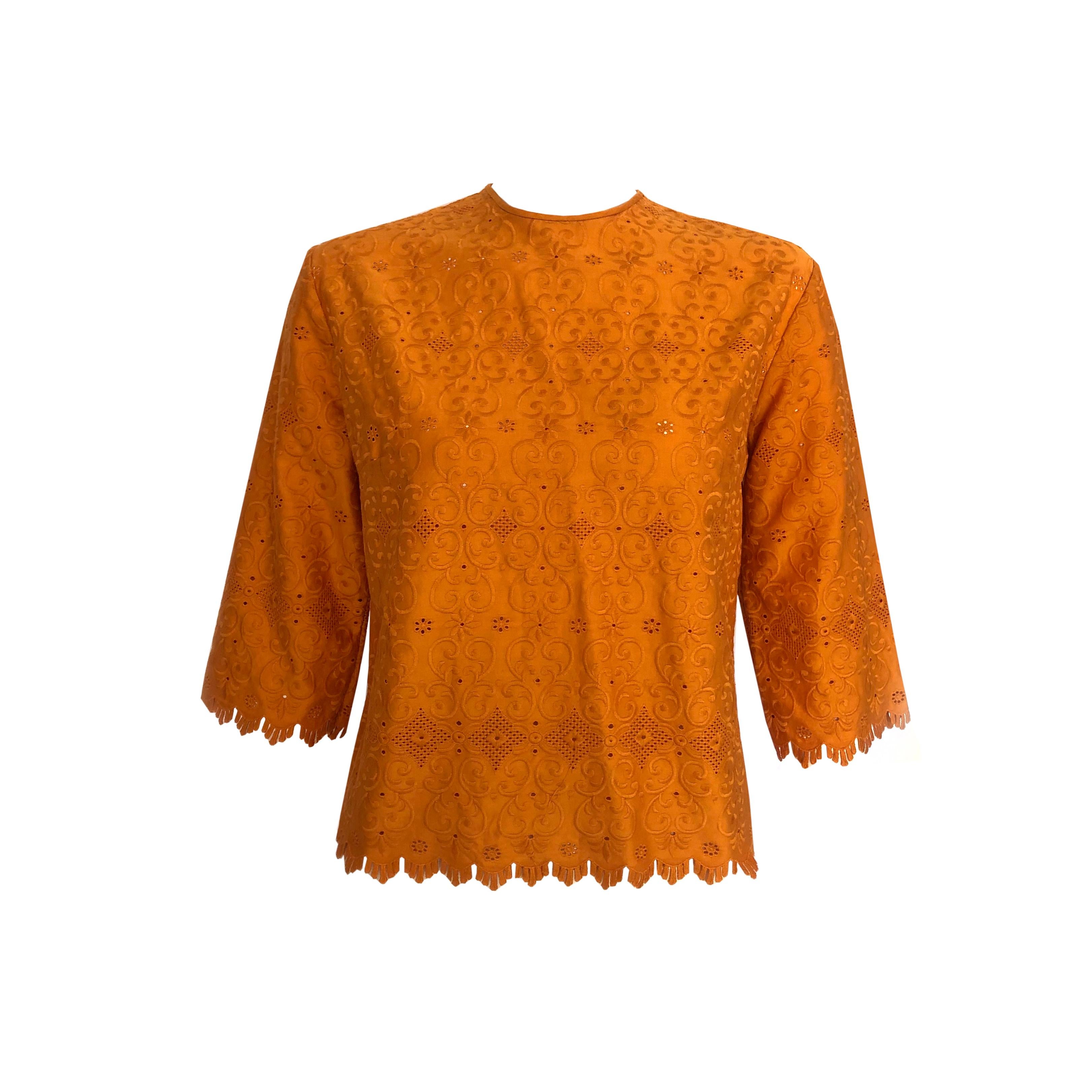 1960s Vintage - Lace Top - Burnt Orange Cotton - Intricate Cut-Out Detailing In Good Condition In KENT, GB