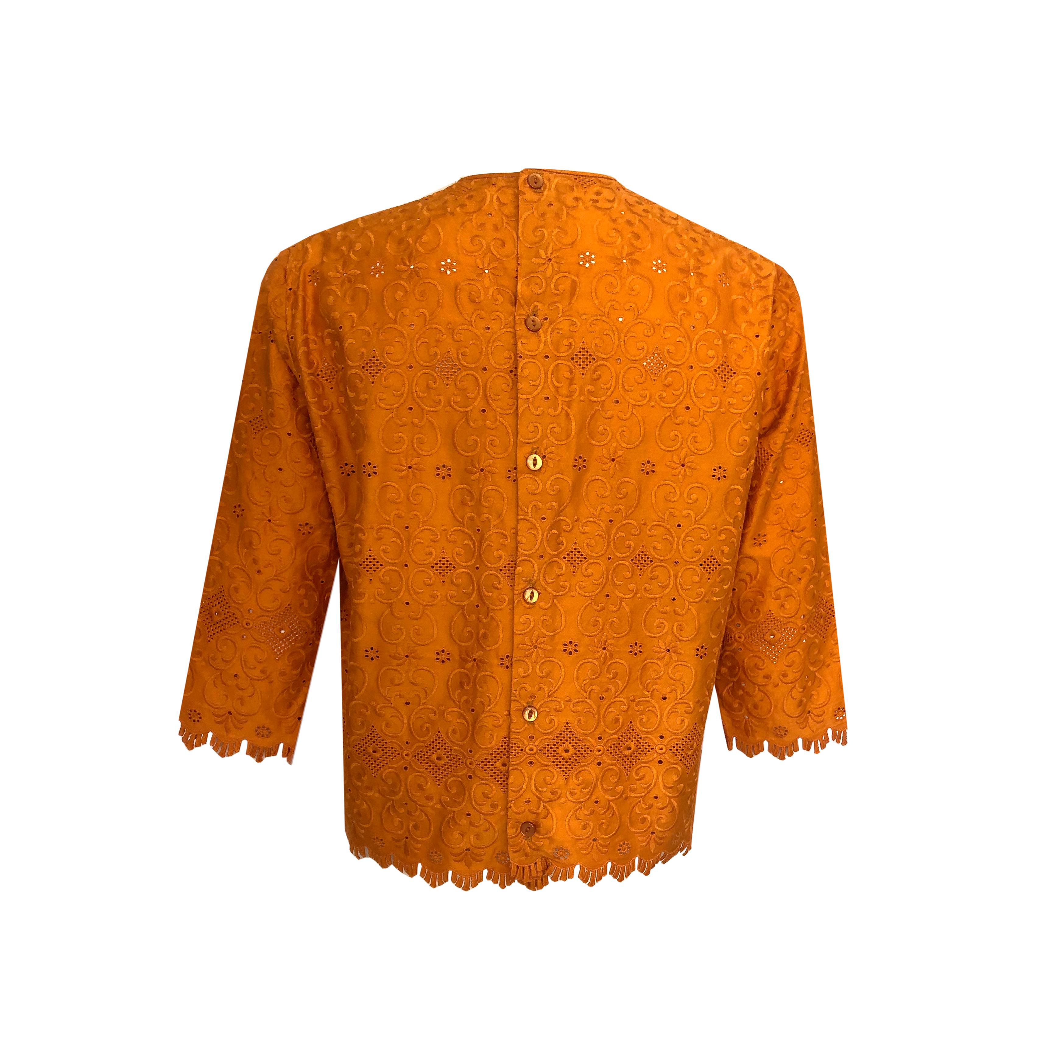 Women's 1960s Vintage - Lace Top - Burnt Orange Cotton - Intricate Cut-Out Detailing