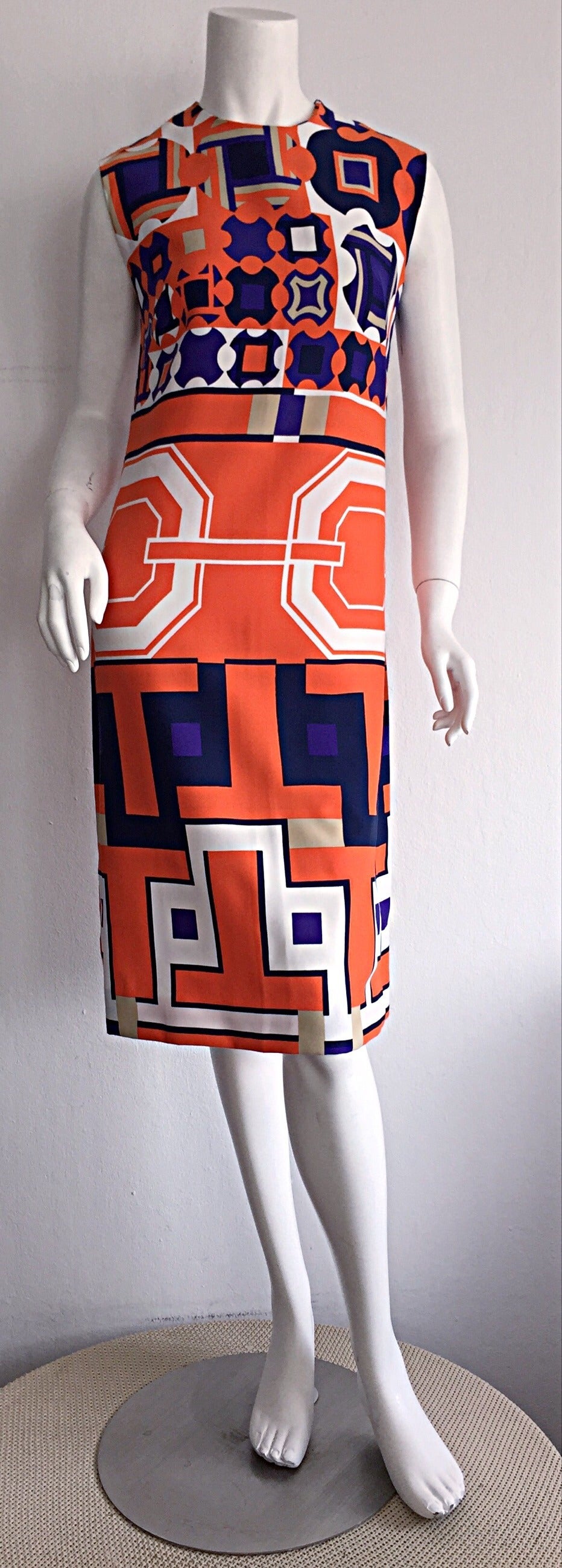 Smashing 60s LANVIN shift dress! Ultra rare print, that Lanvin was so famous for creating! Chic hidden logo print on skirt of dress. Beautiful colors, with impressive 3-D effect. Easily goes from day to night, with sandals, wedges, boots, or heels.