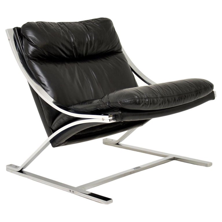 Vintage Leather And Chrome Zeta Chair, Vintage Black Leather And Chrome Chair