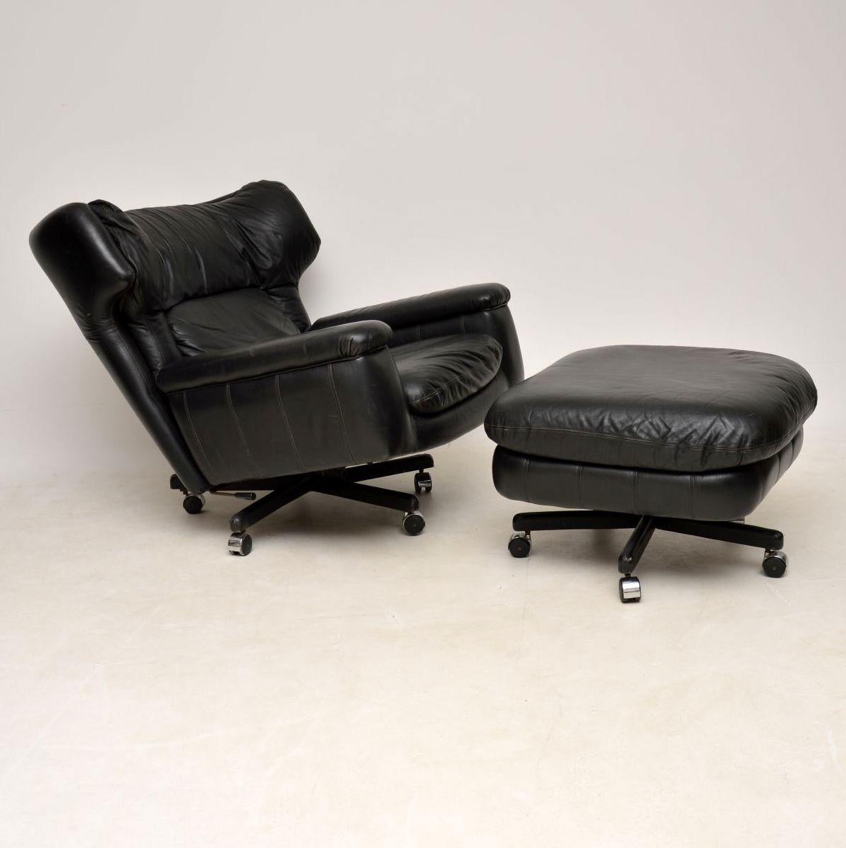 A stylish, very generously proportioned and extremely comfortable leather swivel armchair with matching stool, this dates from around the 1960-1970s. It is of super quality and you will do well to find something more comfortable than this! The chair