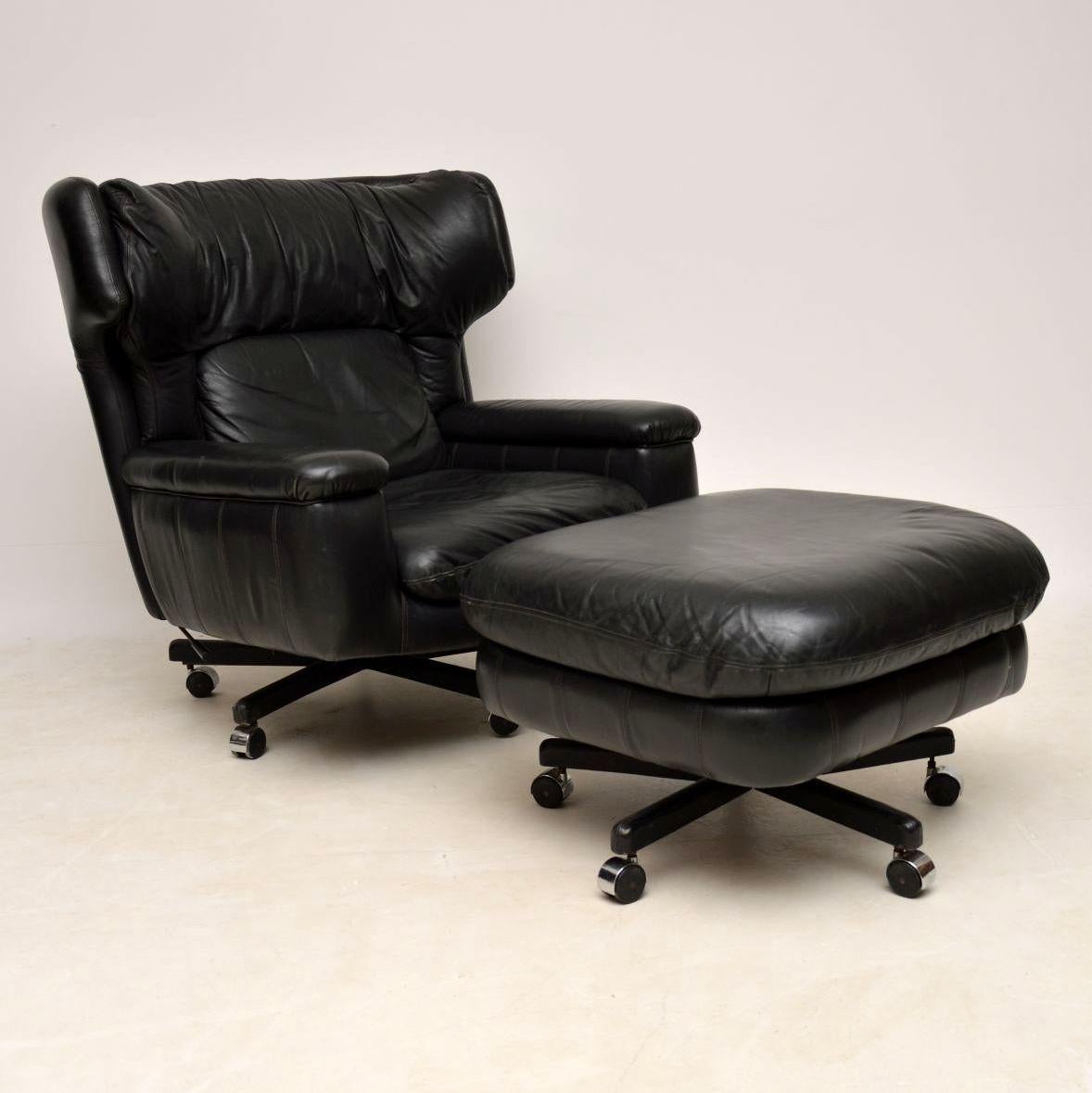 Mid-Century Modern 1960s Vintage Leather Reclining Armchair and Stool