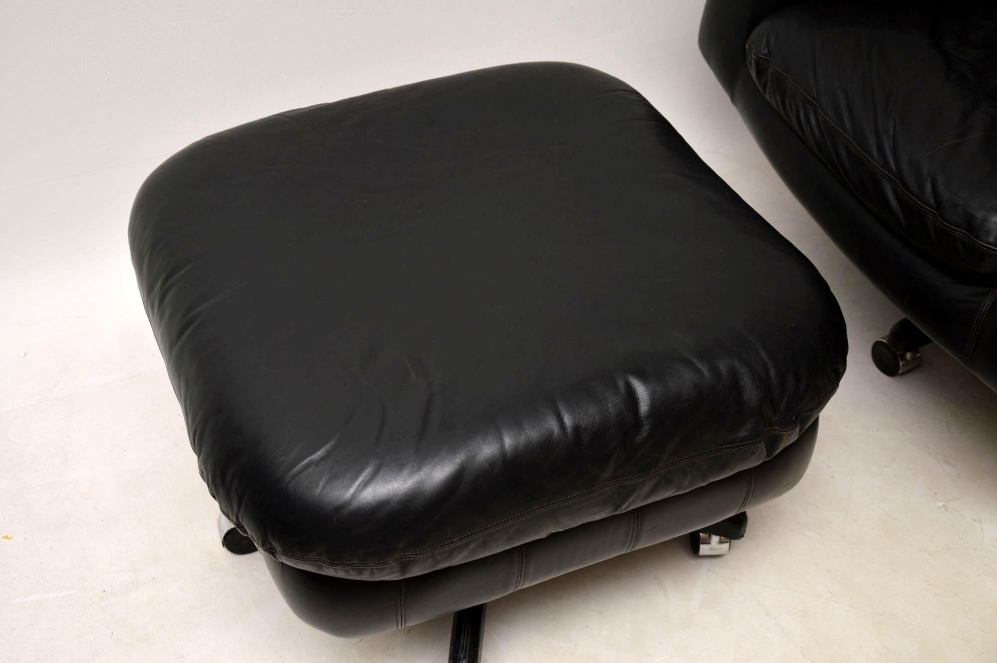 Mid-20th Century 1960s Vintage Leather Reclining Armchair and Stool