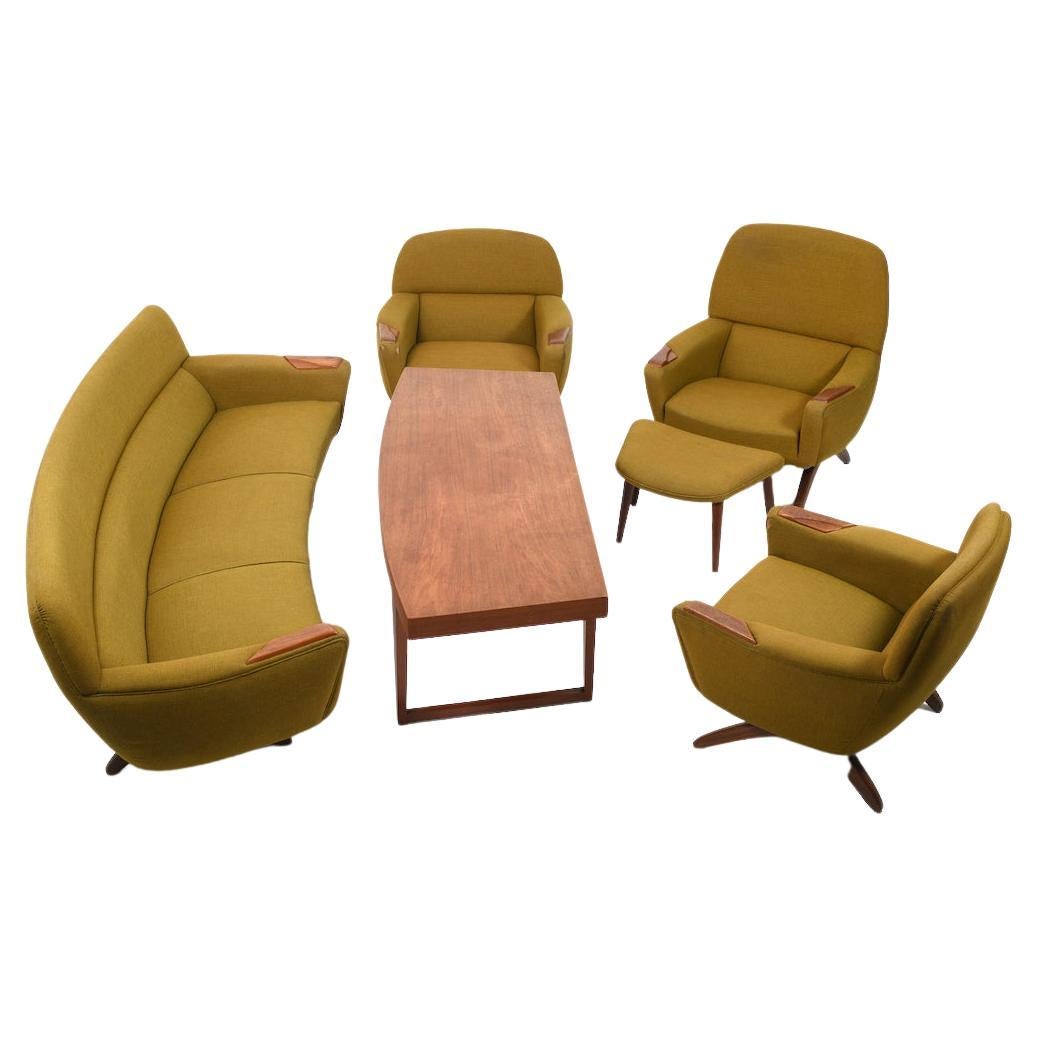 1960s Vintage Leif Hansen "Geisha" Banana Sofa, Lounge Chairs & Table, 6 Pieces For Sale